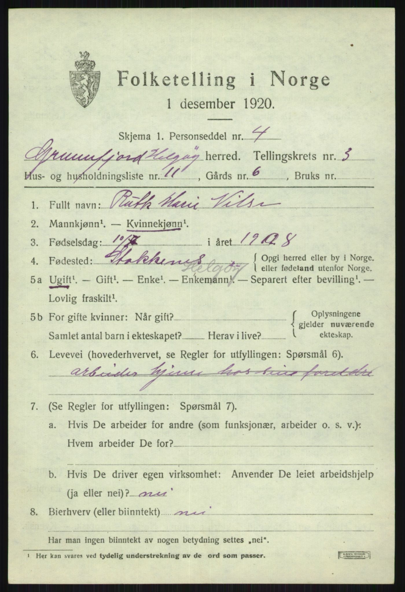 SATØ, 1920 census for Helgøy, 1920, p. 1521