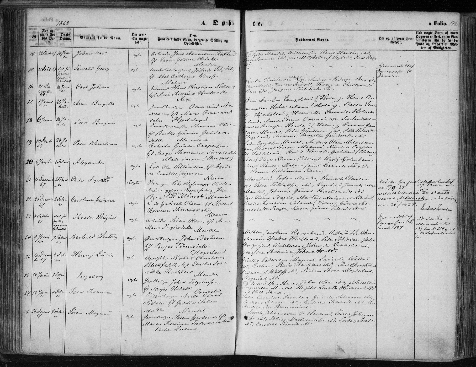 Mandal sokneprestkontor, AV/SAK-1111-0030/F/Fa/Faa/L0014: Parish register (official) no. A 14, 1859-1872, p. 142