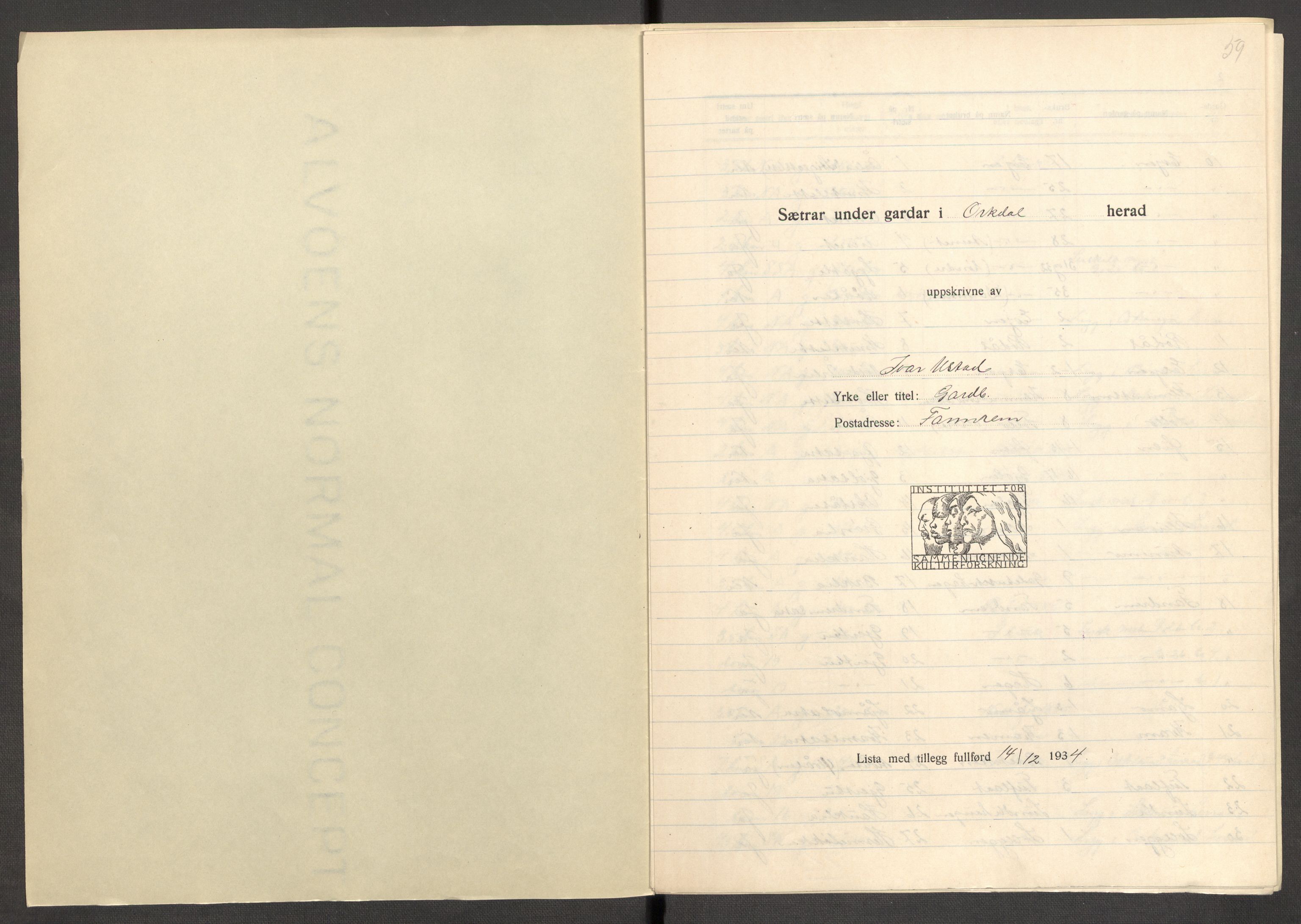 Instituttet for sammenlignende kulturforskning, AV/RA-PA-0424/F/Fc/L0013/0004: Eske B13: / Sør-Trøndelag (perm XXXVIII), 1933-1936, p. 59