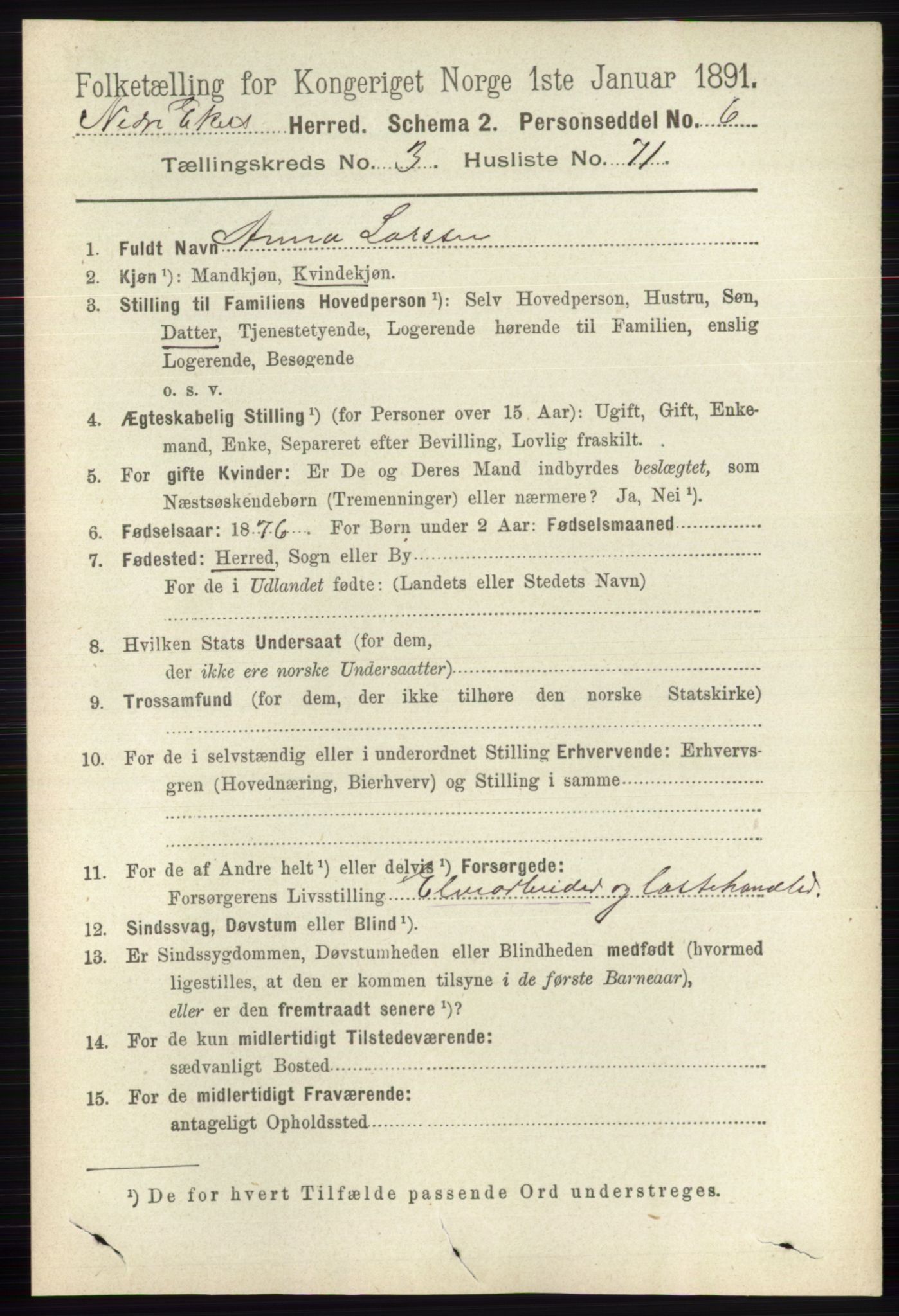 RA, 1891 census for 0625 Nedre Eiker, 1891, p. 1578