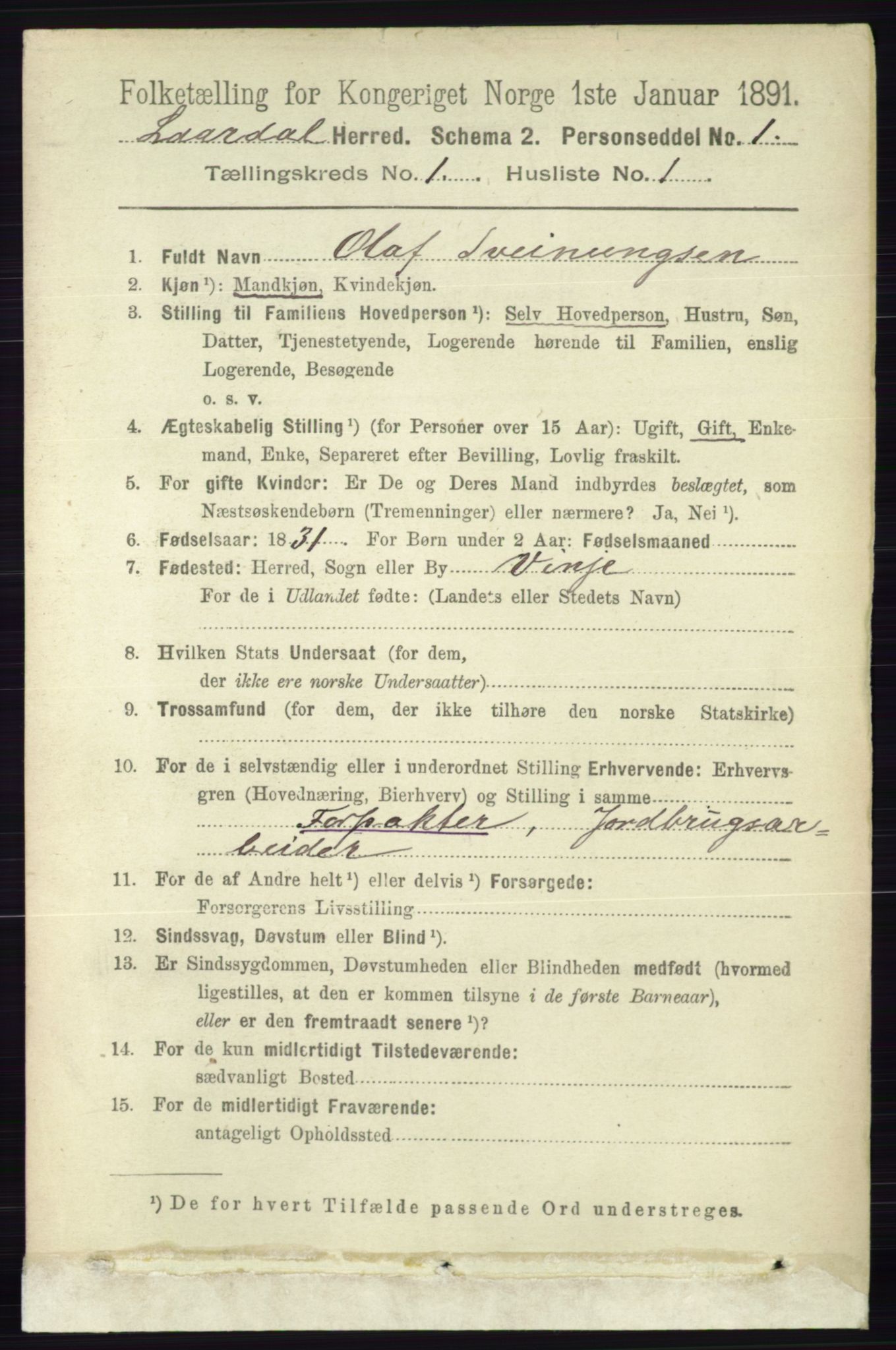 RA, 1891 census for 0833 Lårdal, 1891, p. 99