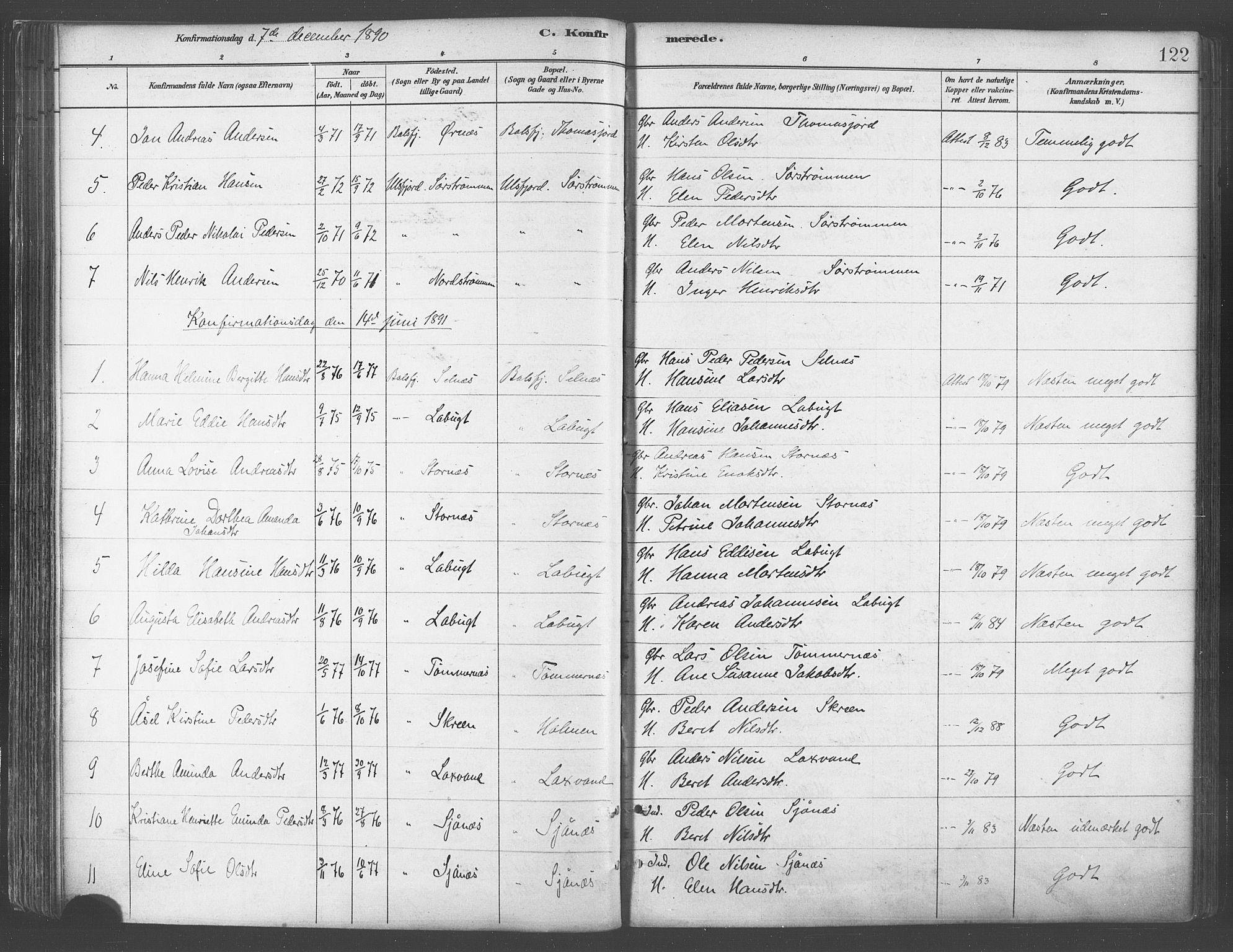 Balsfjord sokneprestembete, AV/SATØ-S-1303/G/Gaa/L0005kirke: Parish register (official) no. 5, 1884-1897, p. 122