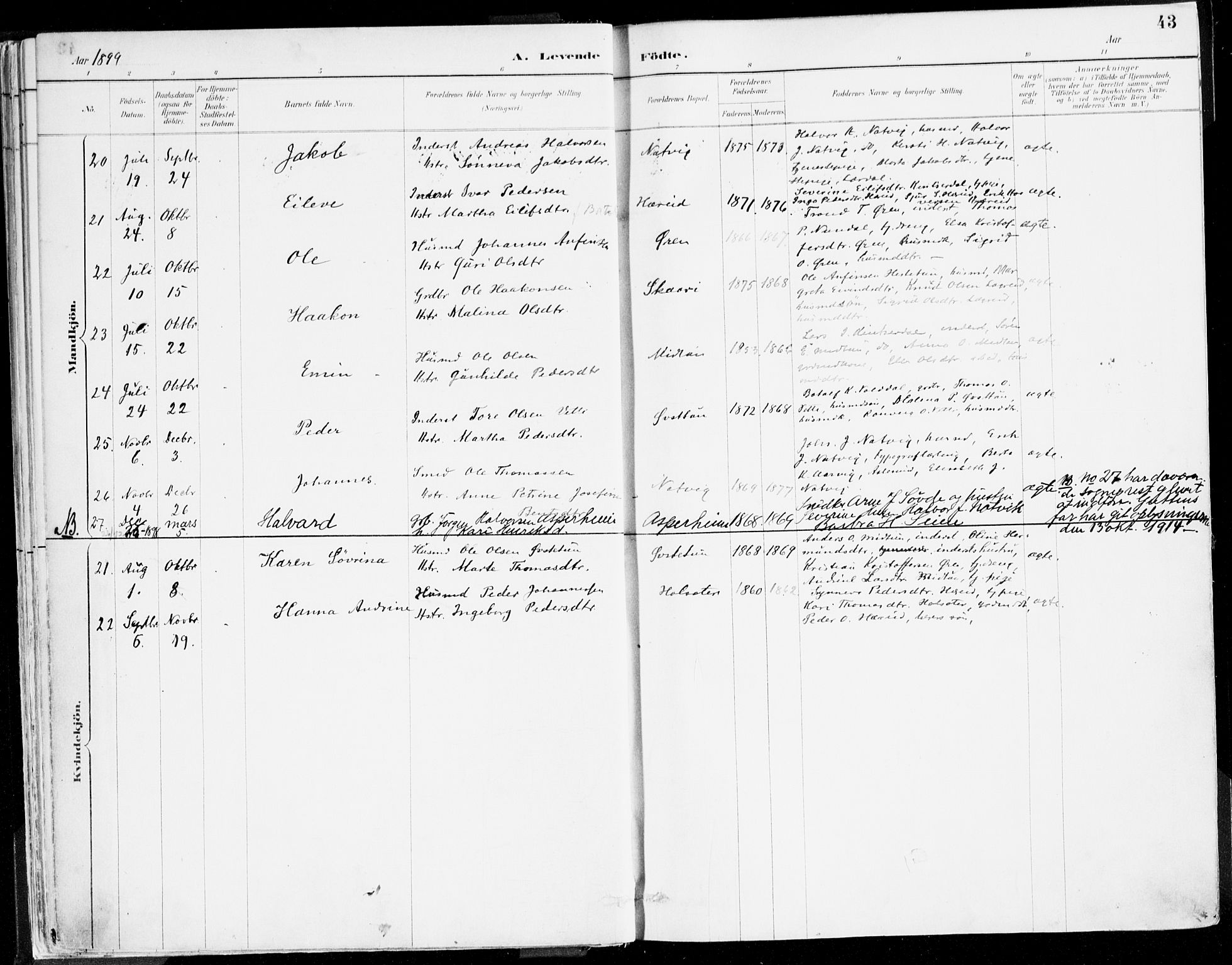 Årdal sokneprestembete, AV/SAB-A-81701: Parish register (official) no. A 5, 1887-1917, p. 43