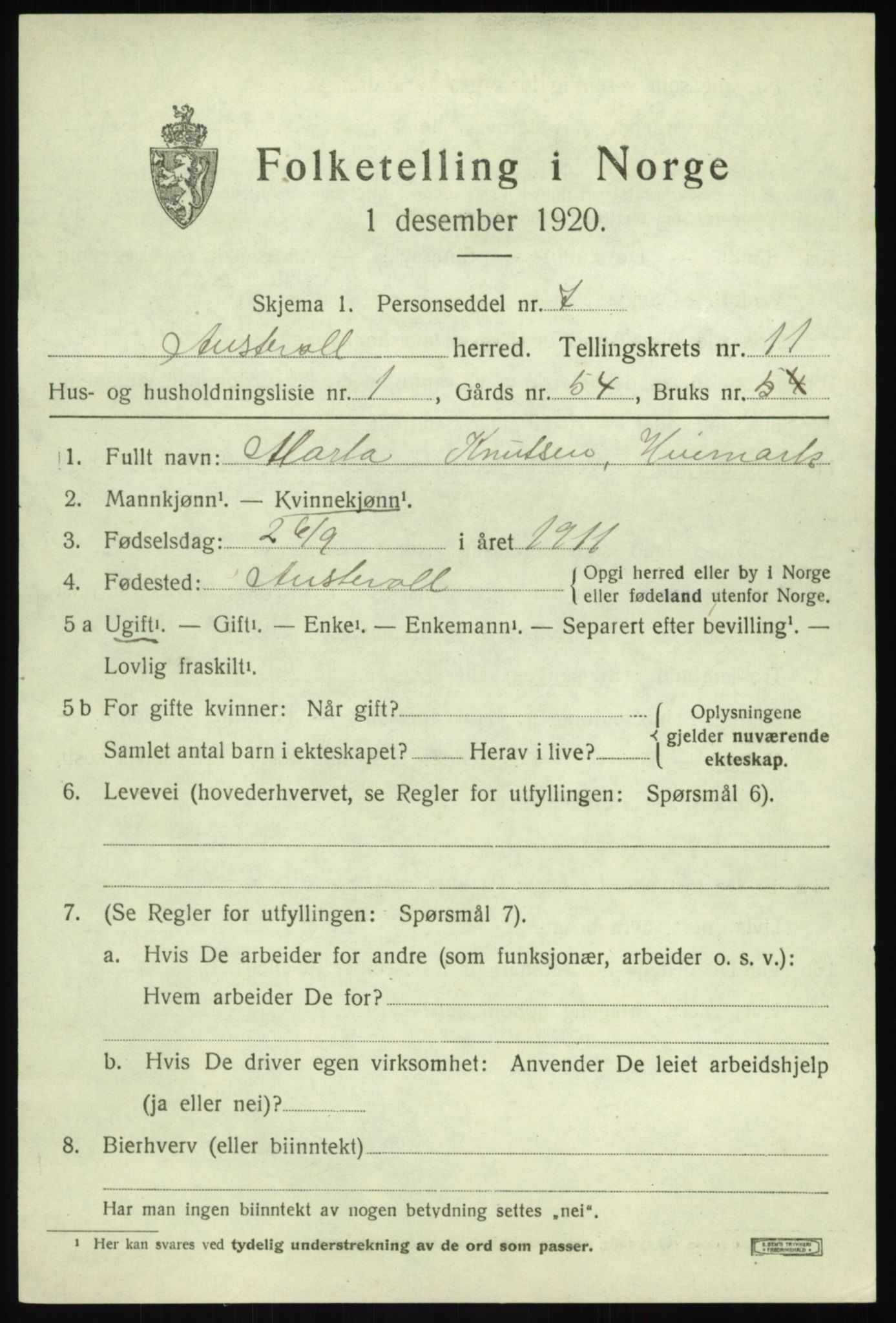 SAB, 1920 census for Austevoll, 1920, p. 6044