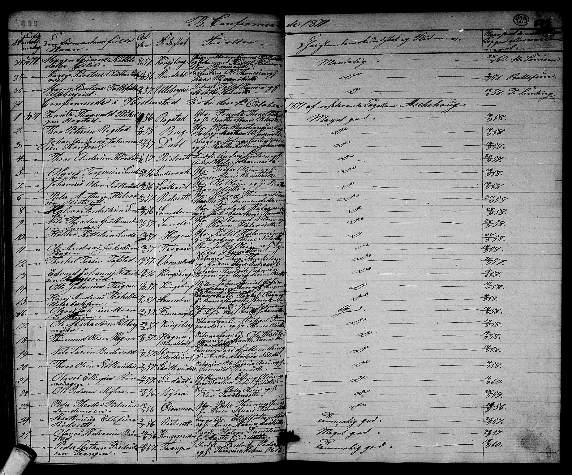 Sandsvær kirkebøker, AV/SAKO-A-244/G/Ga/L0005: Parish register (copy) no. I 5, 1857-1873, p. 423