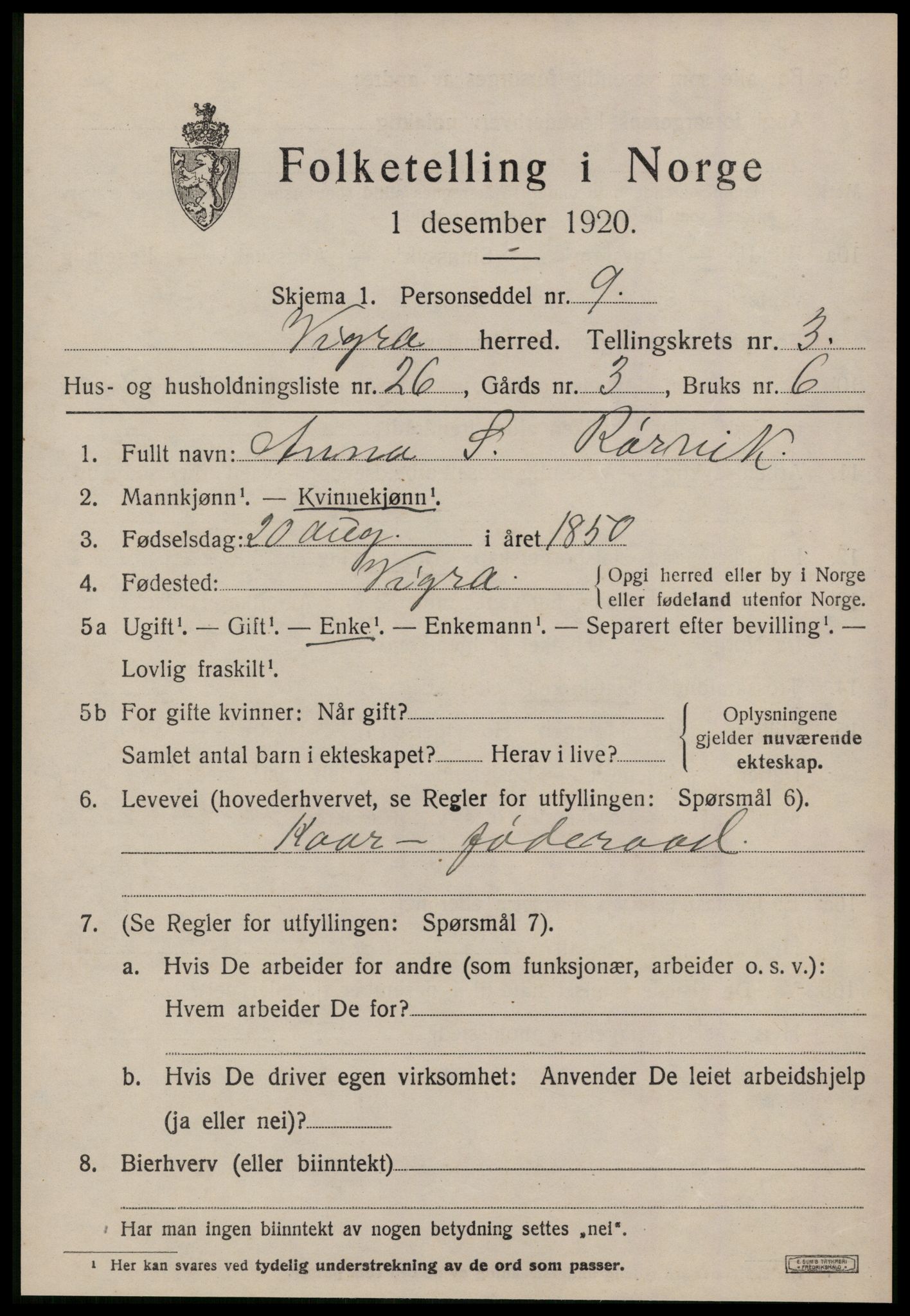 SAT, 1920 census for Vigra, 1920, p. 1720