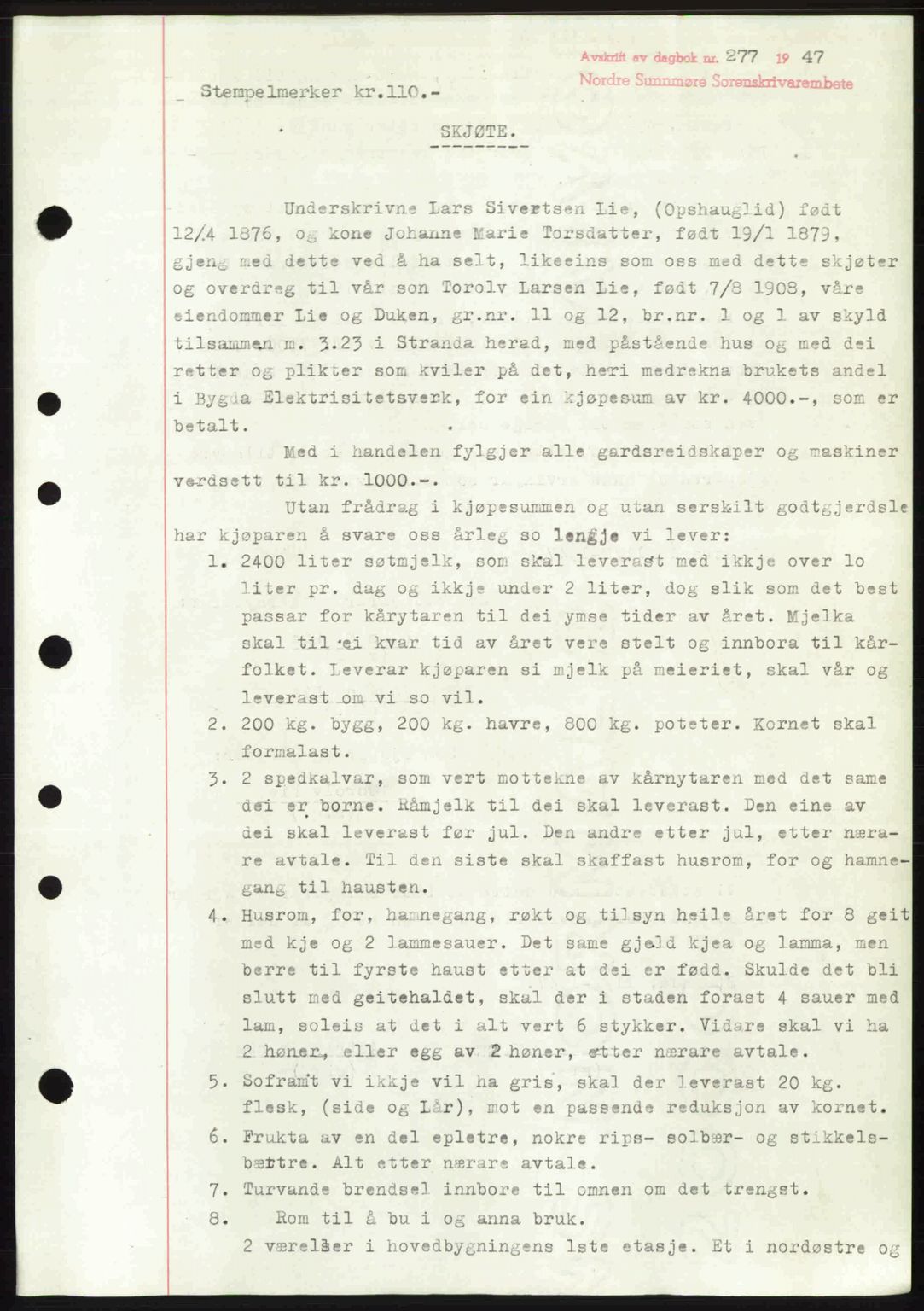 Nordre Sunnmøre sorenskriveri, AV/SAT-A-0006/1/2/2C/2Ca: Mortgage book no. A23, 1946-1947, Diary no: : 277/1947