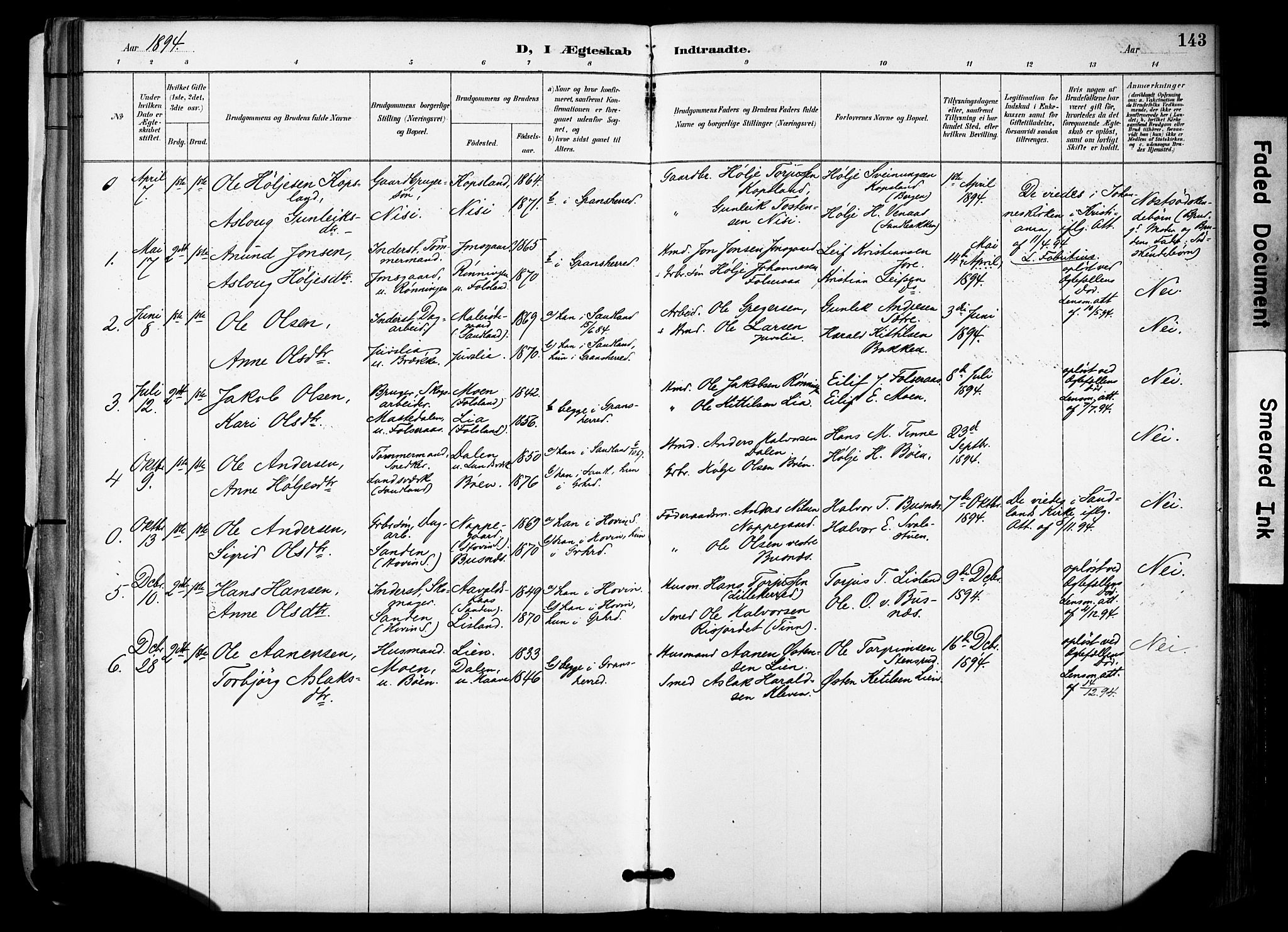 Gransherad kirkebøker, AV/SAKO-A-267/F/Fa/L0005: Parish register (official) no. I 5, 1887-1916, p. 143