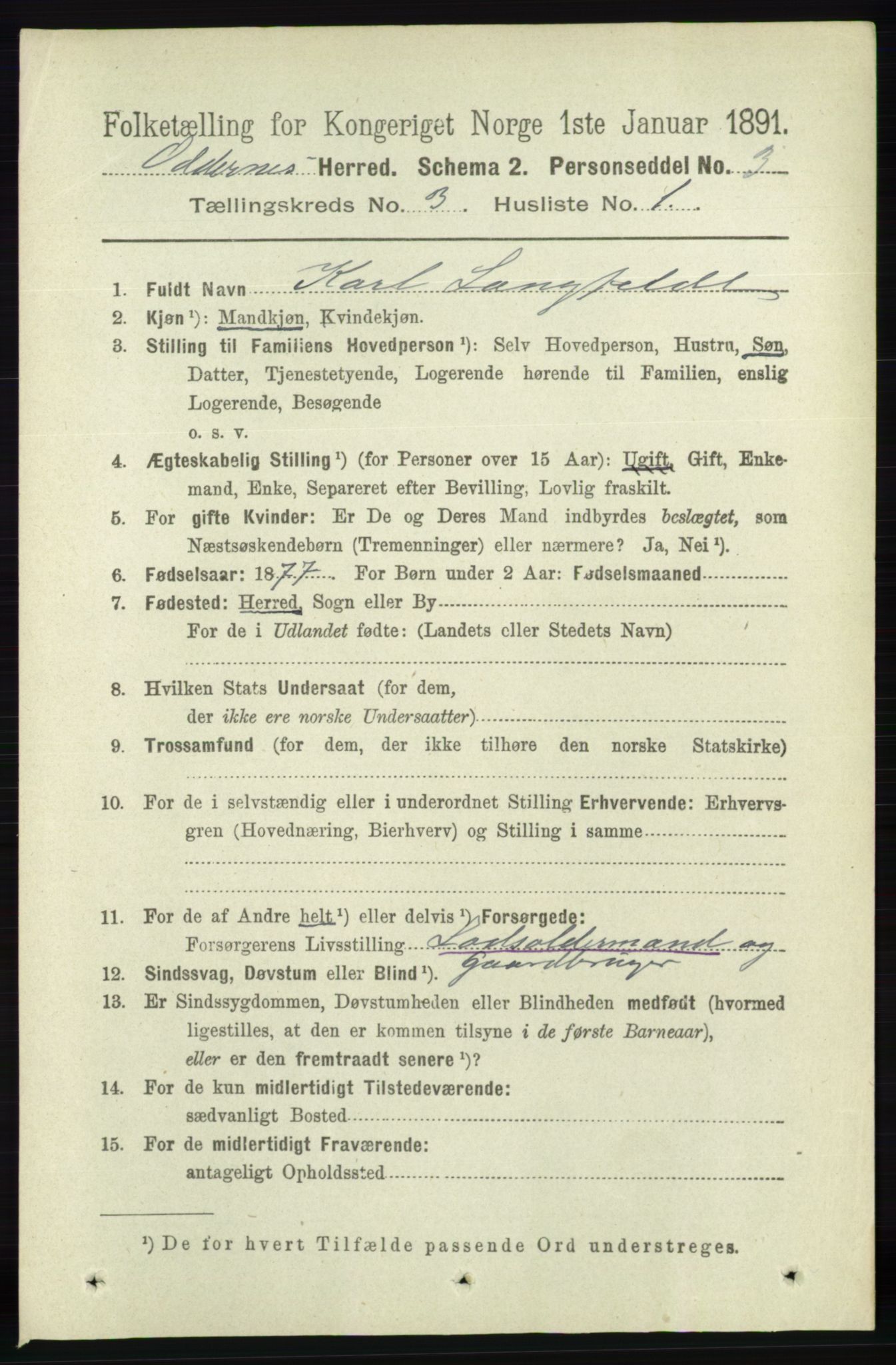 RA, 1891 census for 1012 Oddernes, 1891, p. 826