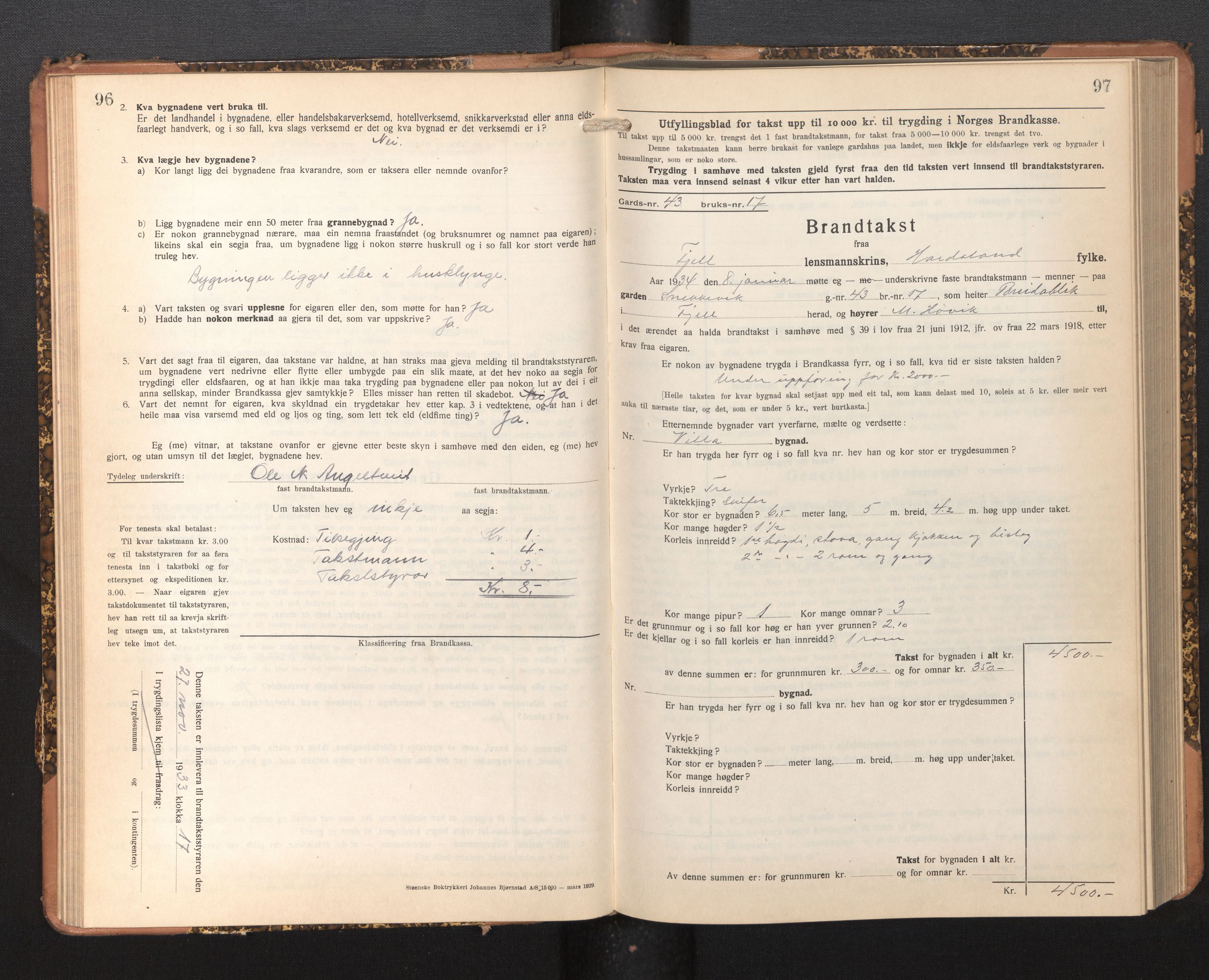 Lensmannen i Fjell, SAB/A-32301/0012/L0006: Branntakstprotokoll, skjematakst, 1931-1945, p. 96-97
