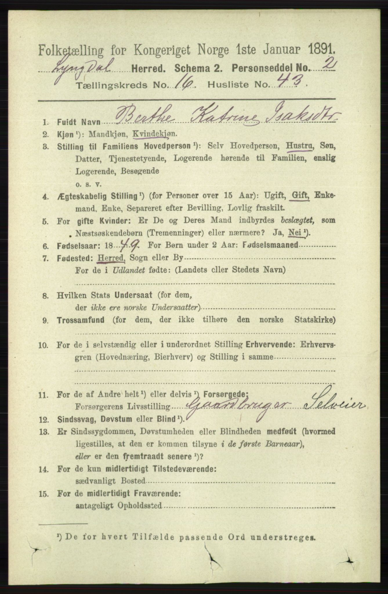 RA, 1891 census for 1032 Lyngdal, 1891, p. 6472