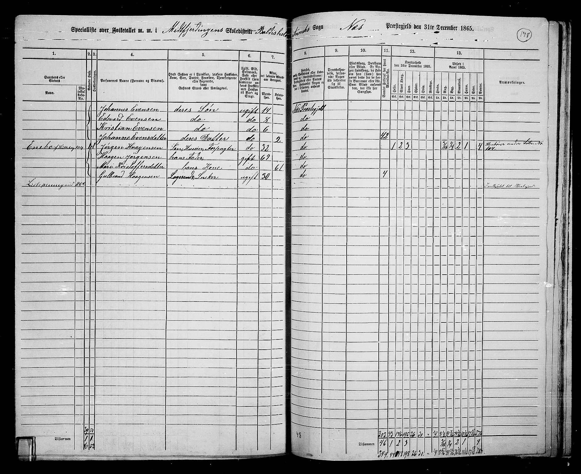 RA, 1865 census for Nes, 1865, p. 154