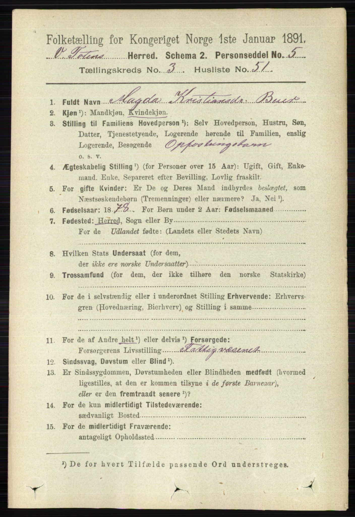 RA, 1891 census for 0529 Vestre Toten, 1891, p. 2256