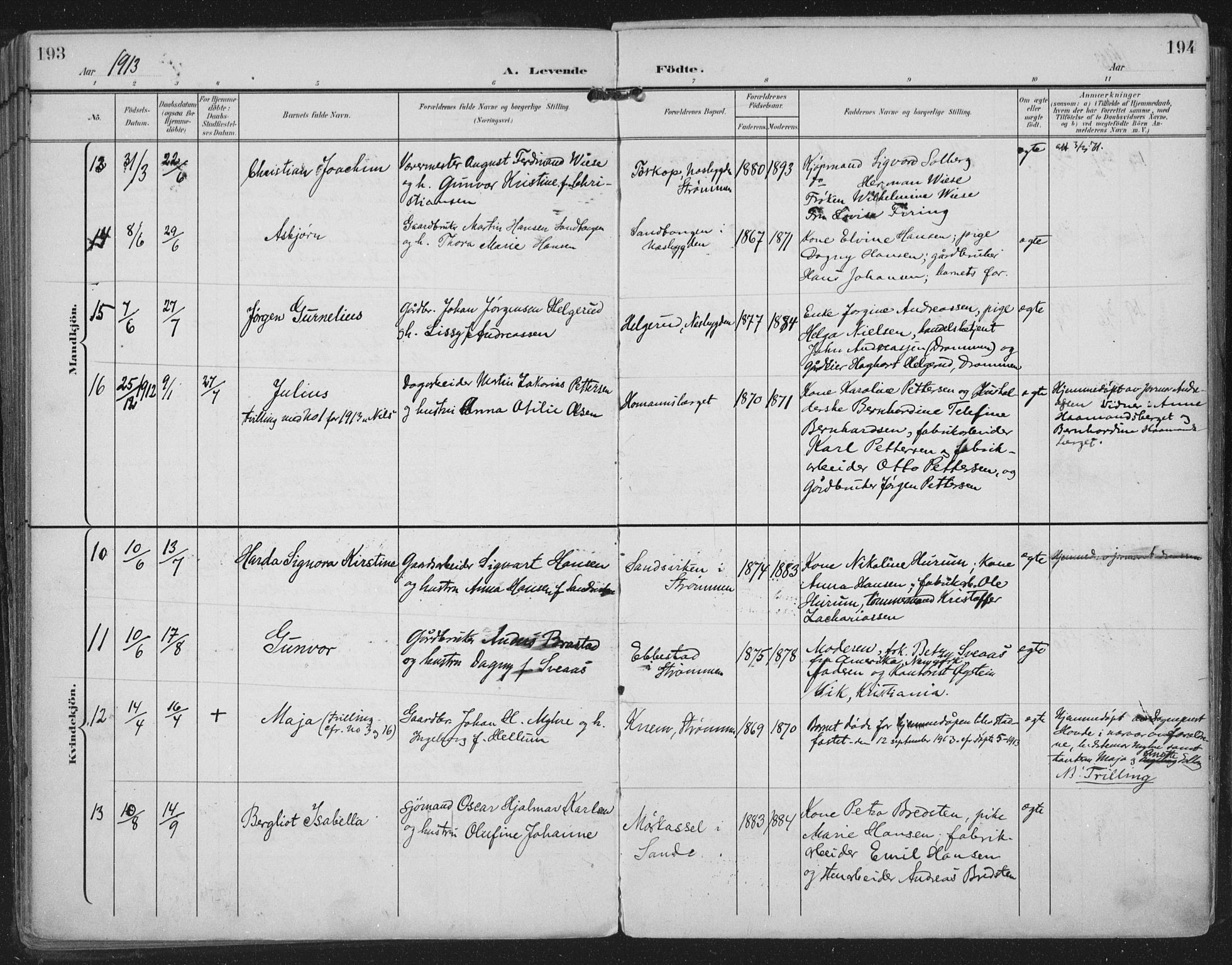 Strømm kirkebøker, AV/SAKO-A-322/F/Fa/L0005: Parish register (official) no. I 5, 1898-1919, p. 193-194