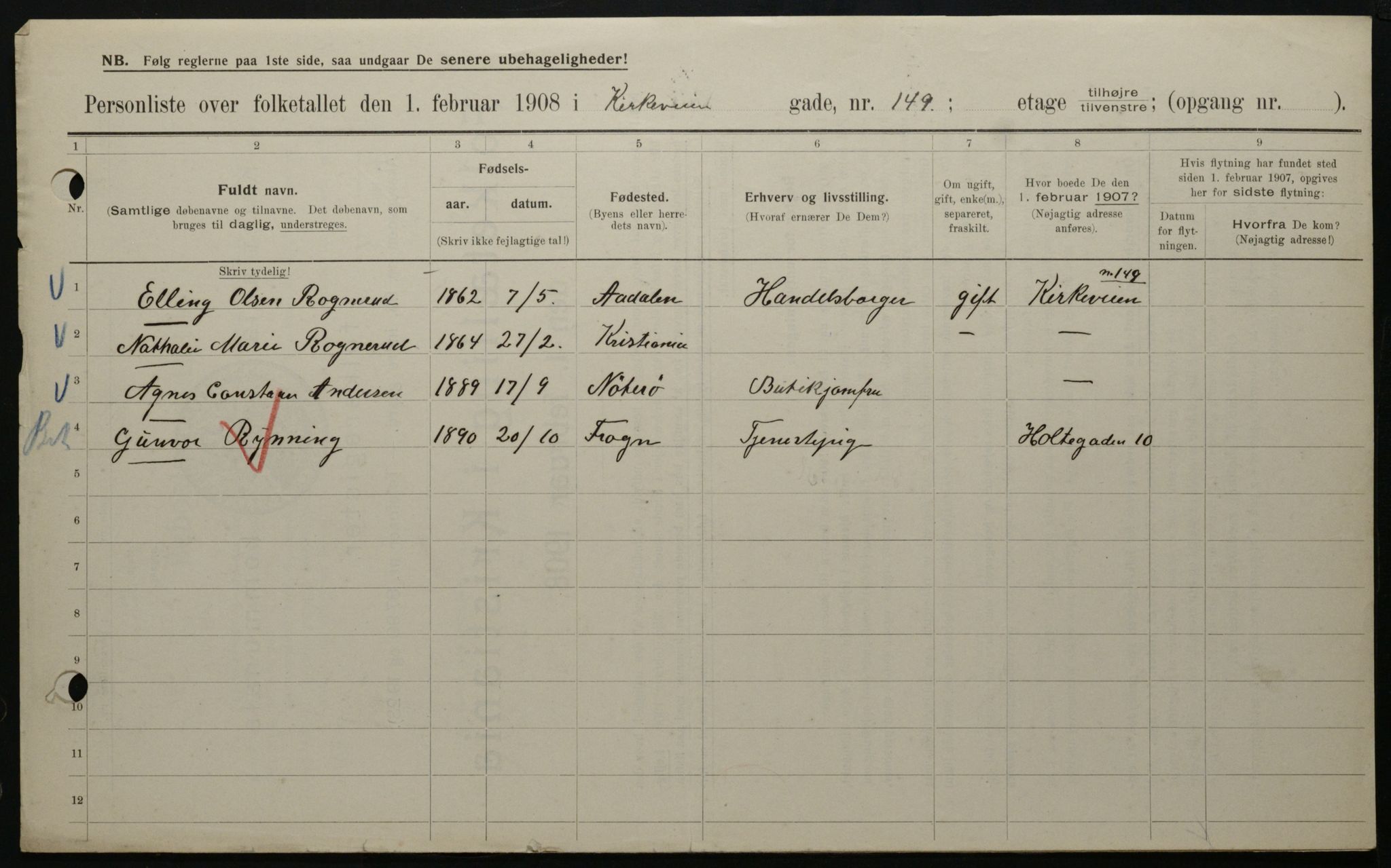 OBA, Municipal Census 1908 for Kristiania, 1908, p. 46018