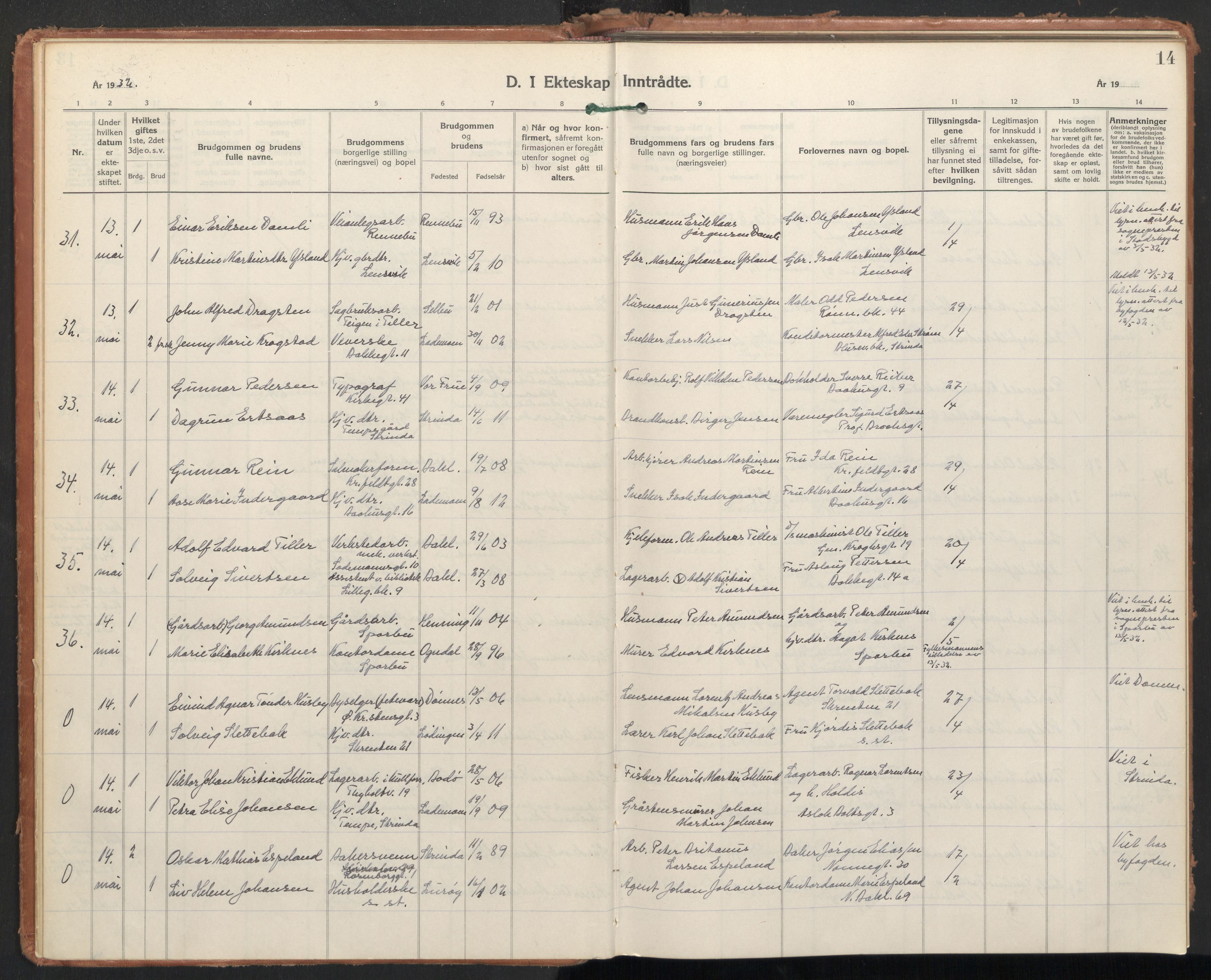 Ministerialprotokoller, klokkerbøker og fødselsregistre - Sør-Trøndelag, AV/SAT-A-1456/604/L0209: Parish register (official) no. 604A29, 1931-1945, p. 14