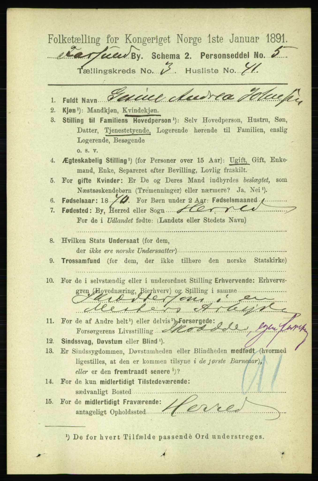 RA, 1891 census for 1003 Farsund, 1891, p. 1621