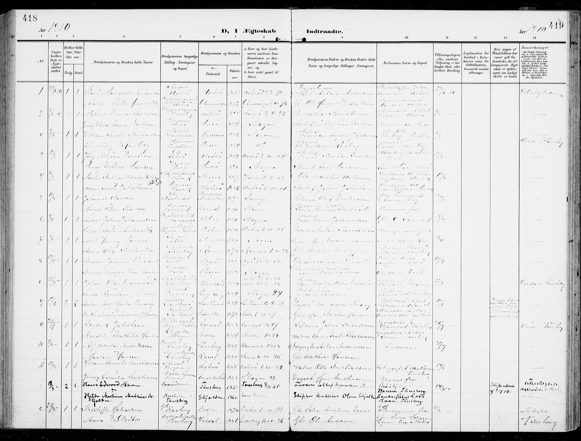 Sem kirkebøker, SAKO/A-5/F/Fb/L0006: Parish register (official) no. II 6, 1905-1918, p. 418-419