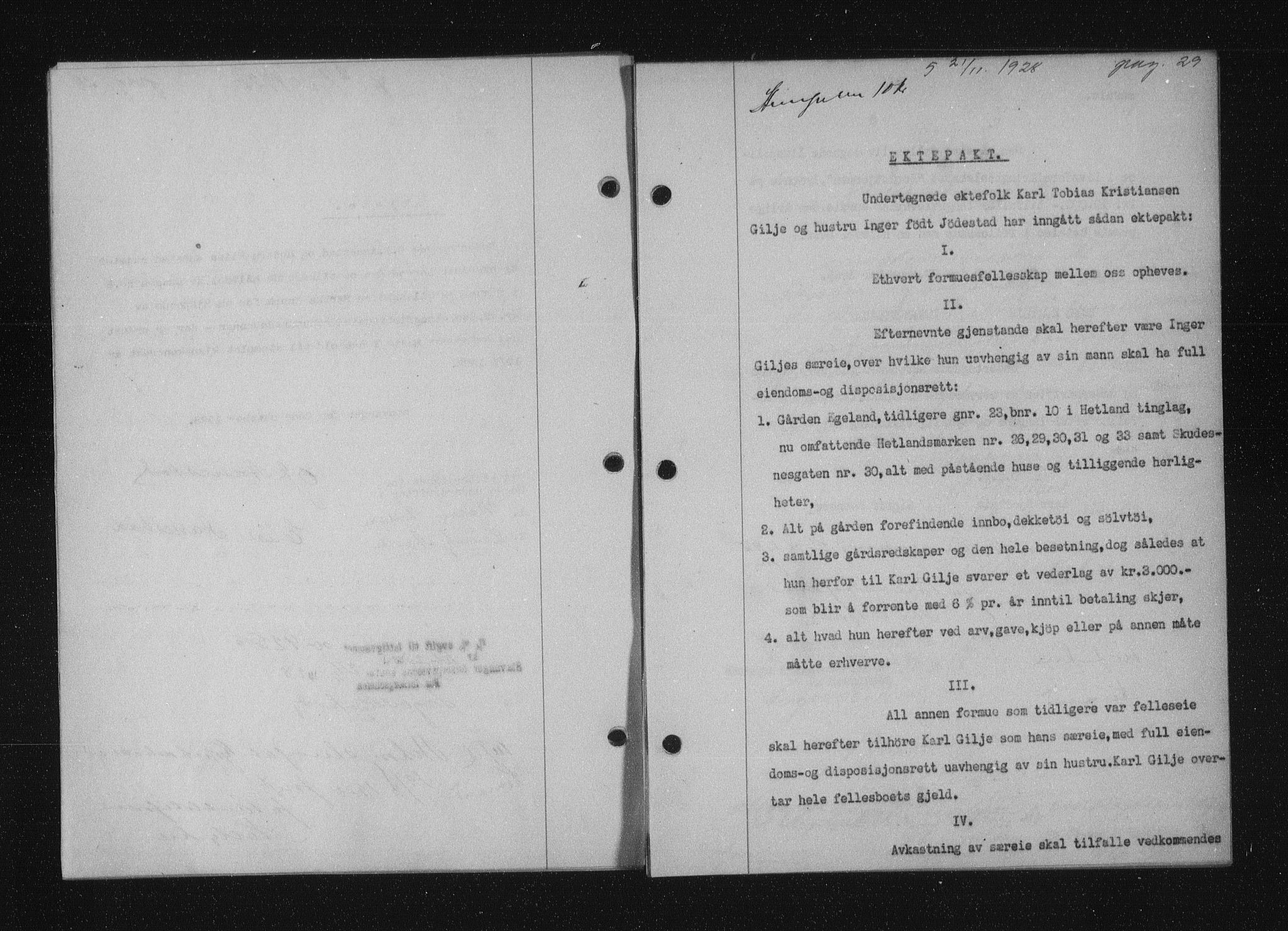 Stavanger byfogd, AV/SAST-A-101408/001/4/41/410/410BB/L0055: Mortgage book no. 43, 1928-1929, Deed date: 21.11.1928