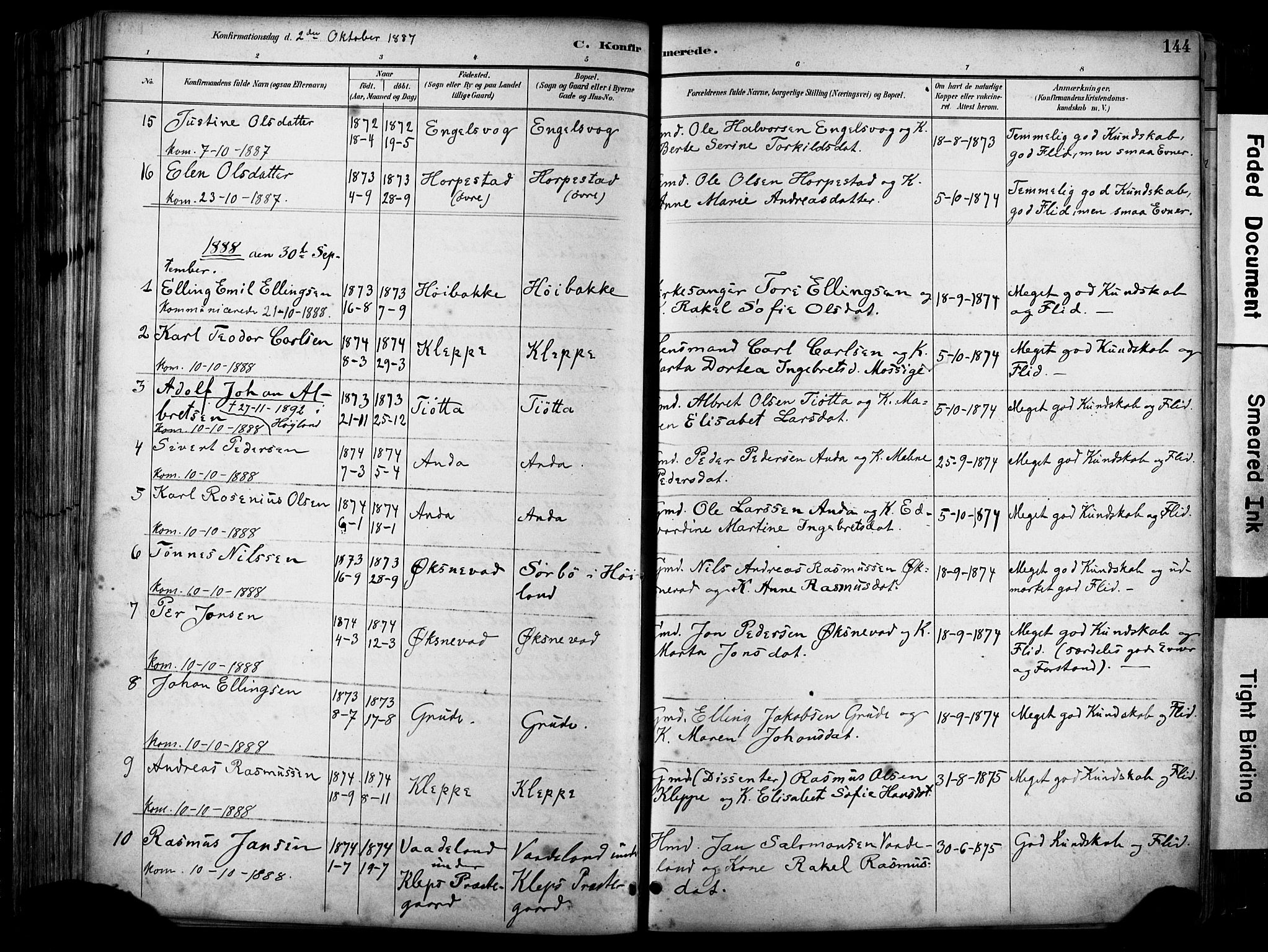 Klepp sokneprestkontor, AV/SAST-A-101803/001/3/30BA/L0009: Parish register (official) no. A 7, 1886-1915, p. 144