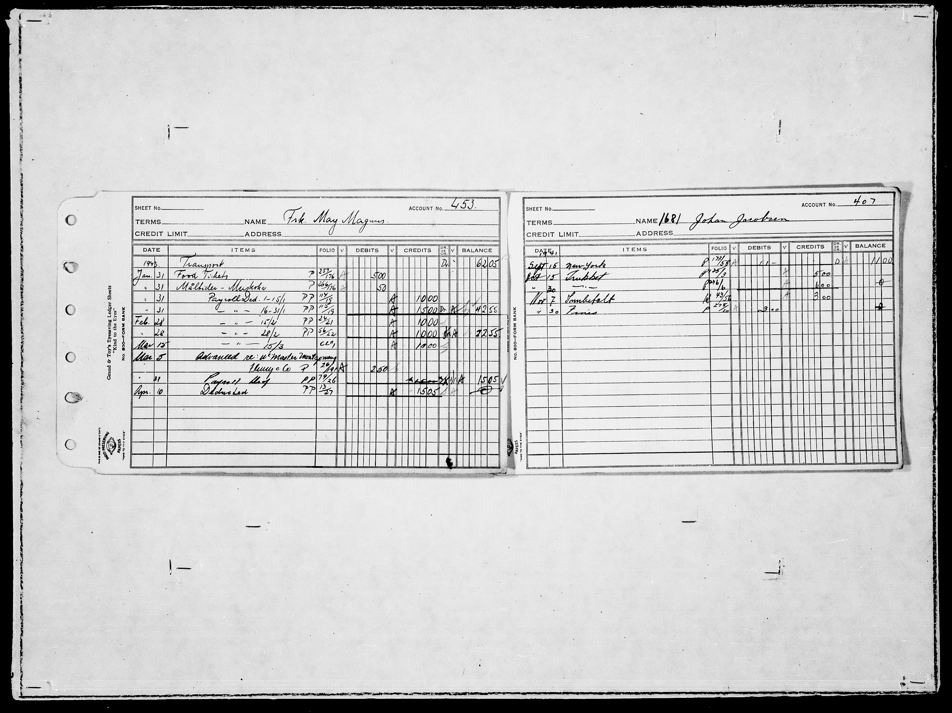 Forsvaret, Flyvåpnenes treningsleir 1940-1945, AV/RA-RAFA-3974/V/L0019: Regnskaper.  Se "Index" for detaljert oversikt over innholdet., 1940-1945