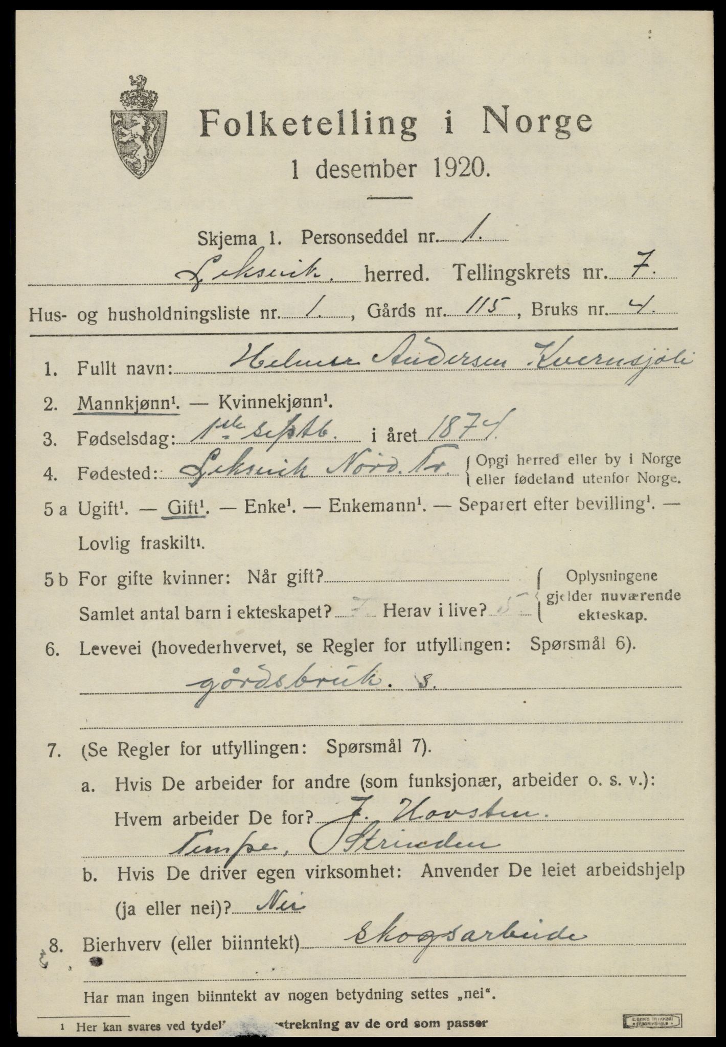SAT, 1920 census for Leksvik, 1920, p. 6020