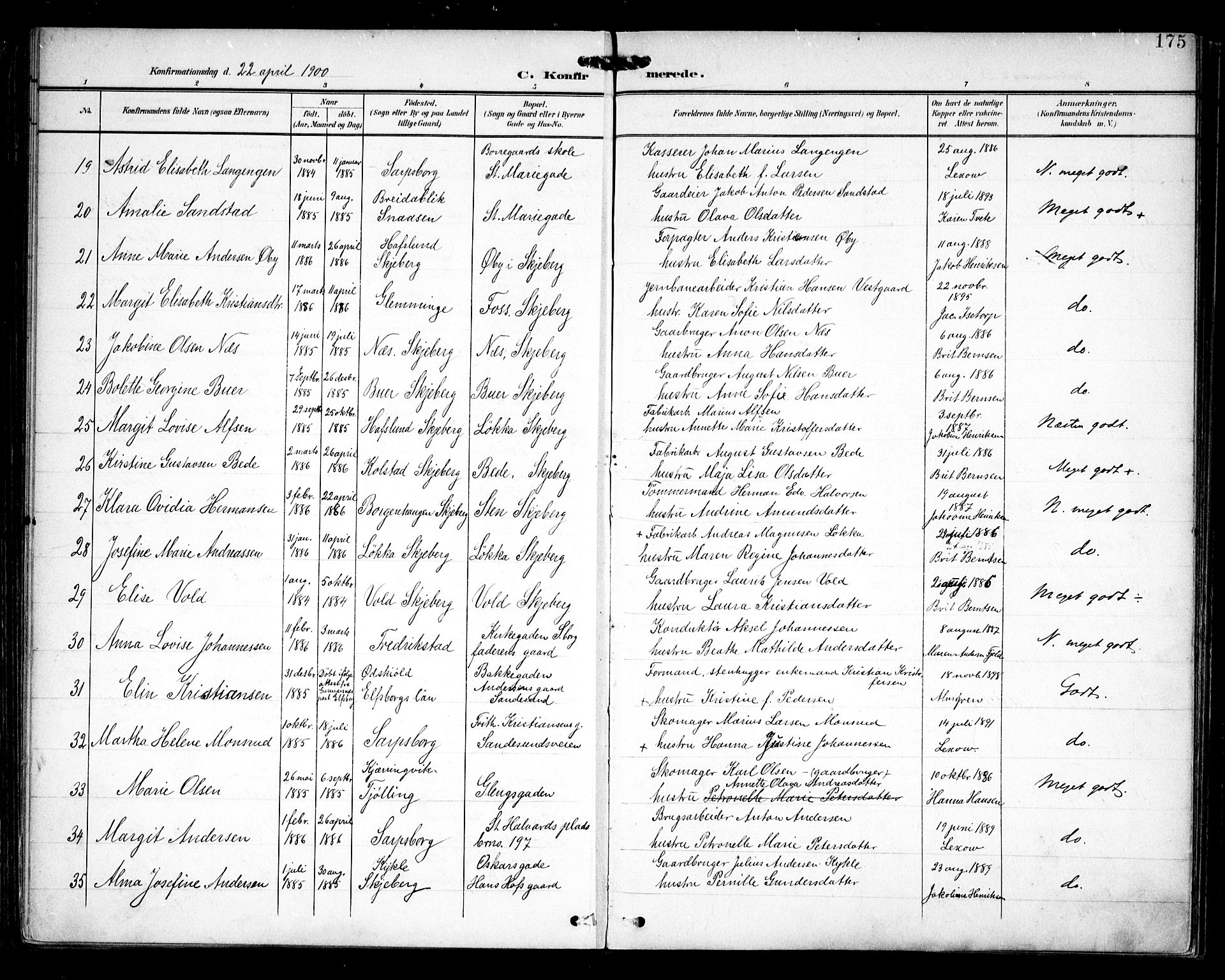 Sarpsborg prestekontor Kirkebøker, AV/SAO-A-2006/F/Fa/L0005: Parish register (official) no. 5, 1900-1909, p. 175