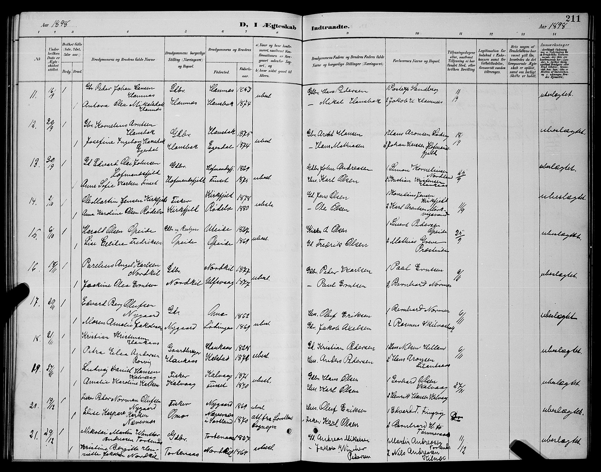 Ministerialprotokoller, klokkerbøker og fødselsregistre - Nordland, SAT/A-1459/859/L0859: Parish register (copy) no. 859C05, 1887-1898, p. 211