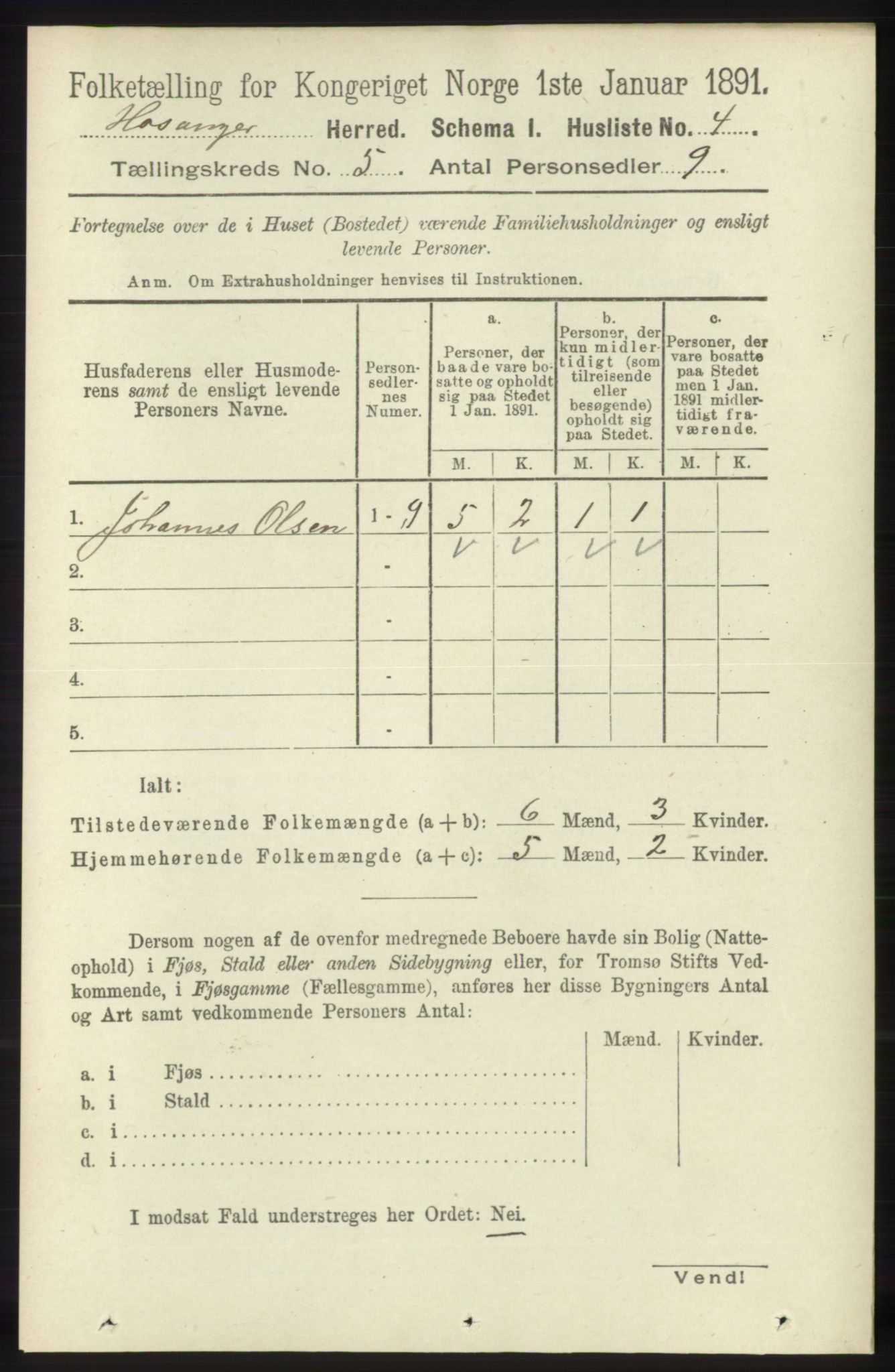 RA, 1891 census for 1253 Hosanger, 1891, p. 1743