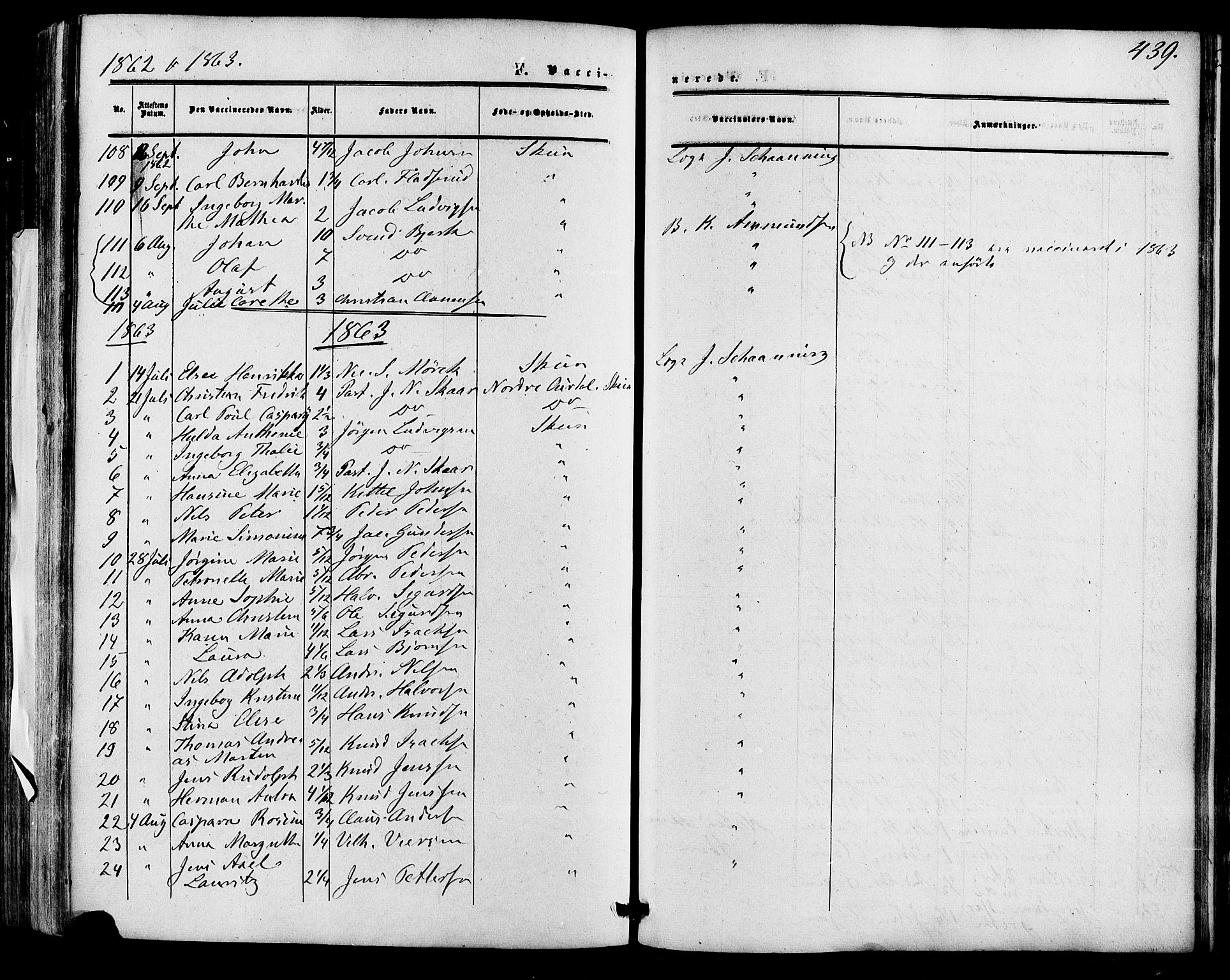 Skien kirkebøker, SAKO/A-302/F/Fa/L0007: Parish register (official) no. 7, 1856-1865, p. 439