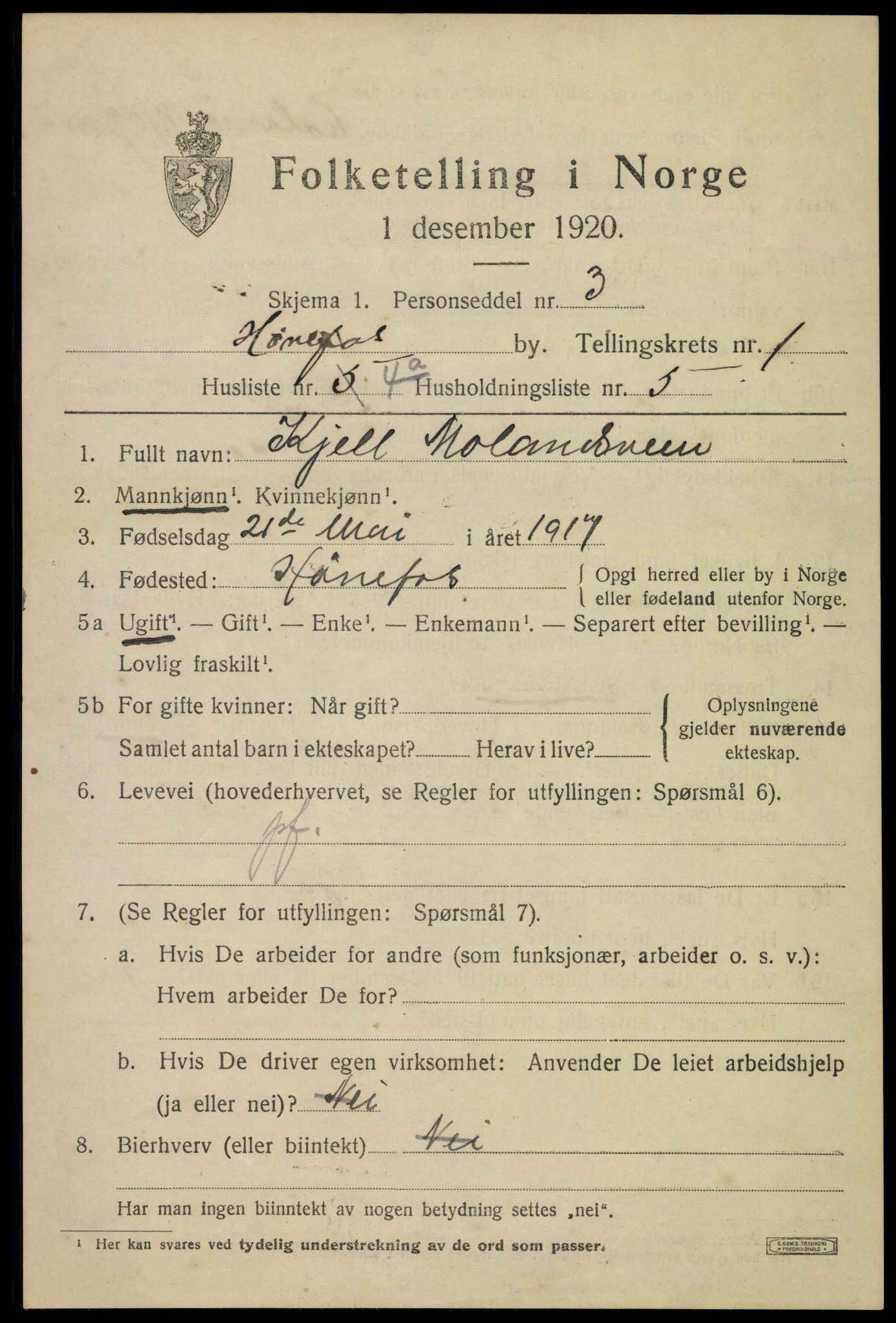 SAKO, 1920 census for Hønefoss, 1920, p. 2444