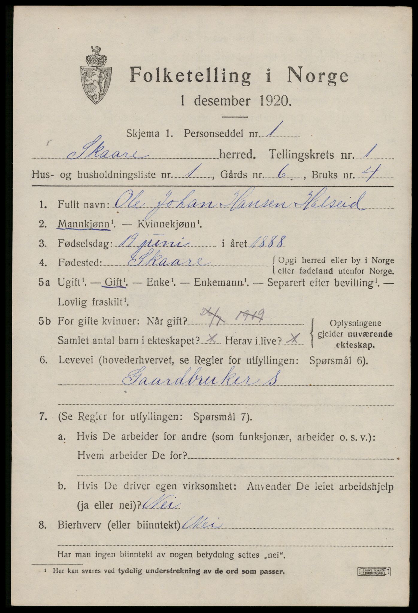 SAST, 1920 census for Skåre, 1920, p. 1090