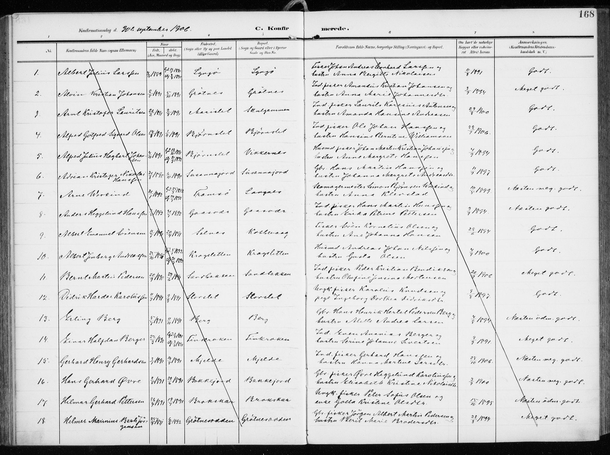 Tromsøysund sokneprestkontor, AV/SATØ-S-1304/G/Ga/L0007kirke: Parish register (official) no. 7, 1907-1914, p. 168