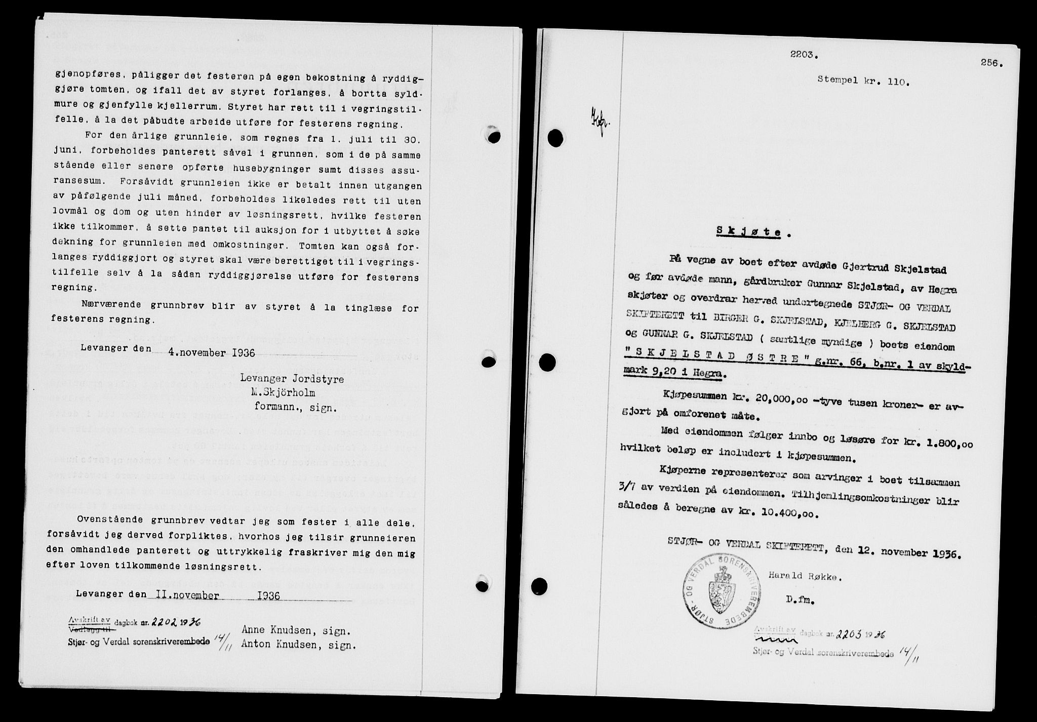 Stjør- og Verdal sorenskriveri, SAT/A-4167/1/2/2C/L0078: Mortgage book no. 46, 1936-1937, Diary no: : 2203/1936