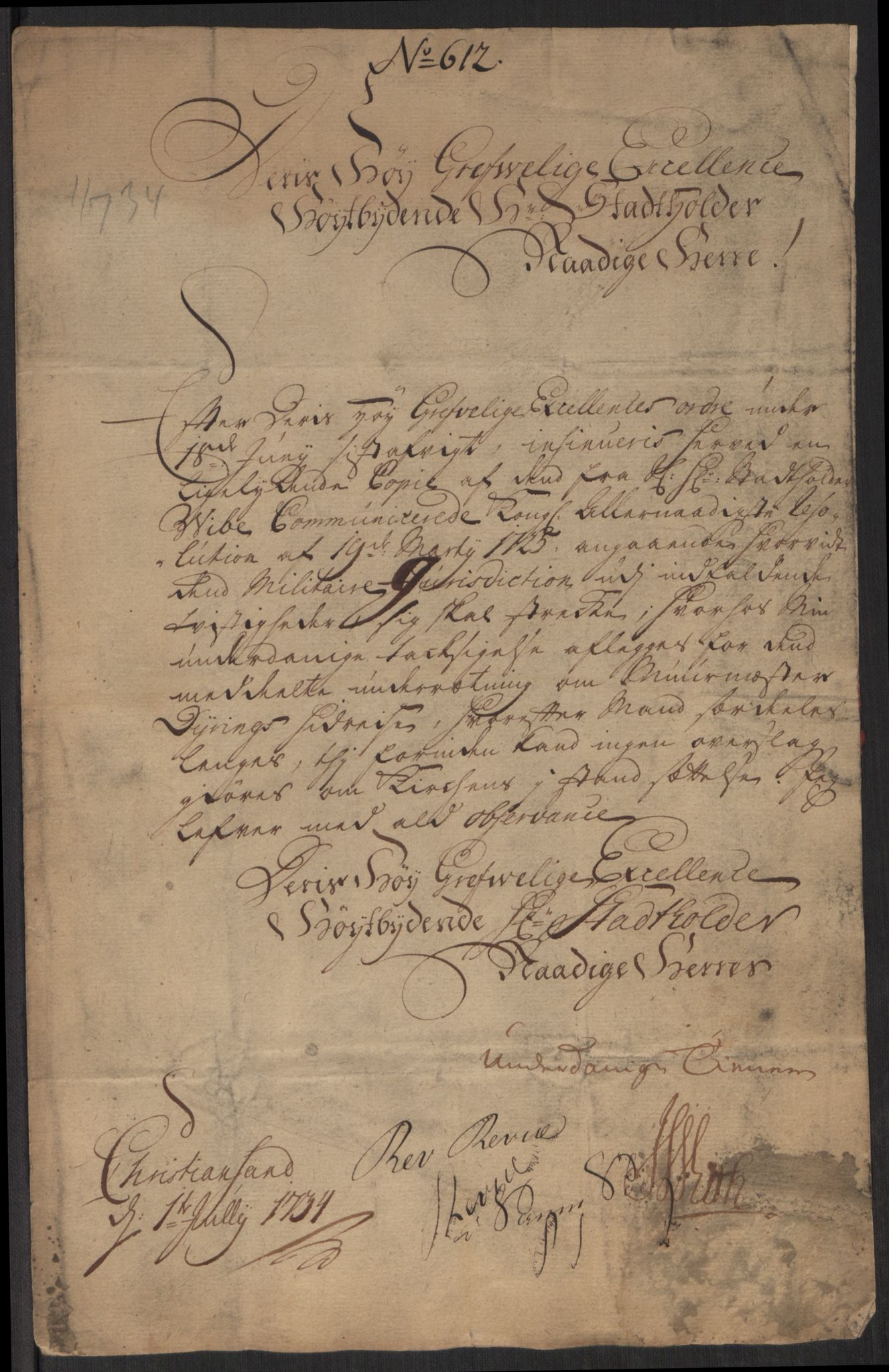 Stattholderembetet 1572-1771, AV/RA-EA-2870/Ef/L0107: Brev fra embetsmenn og andre, 1733-1734, p. 312