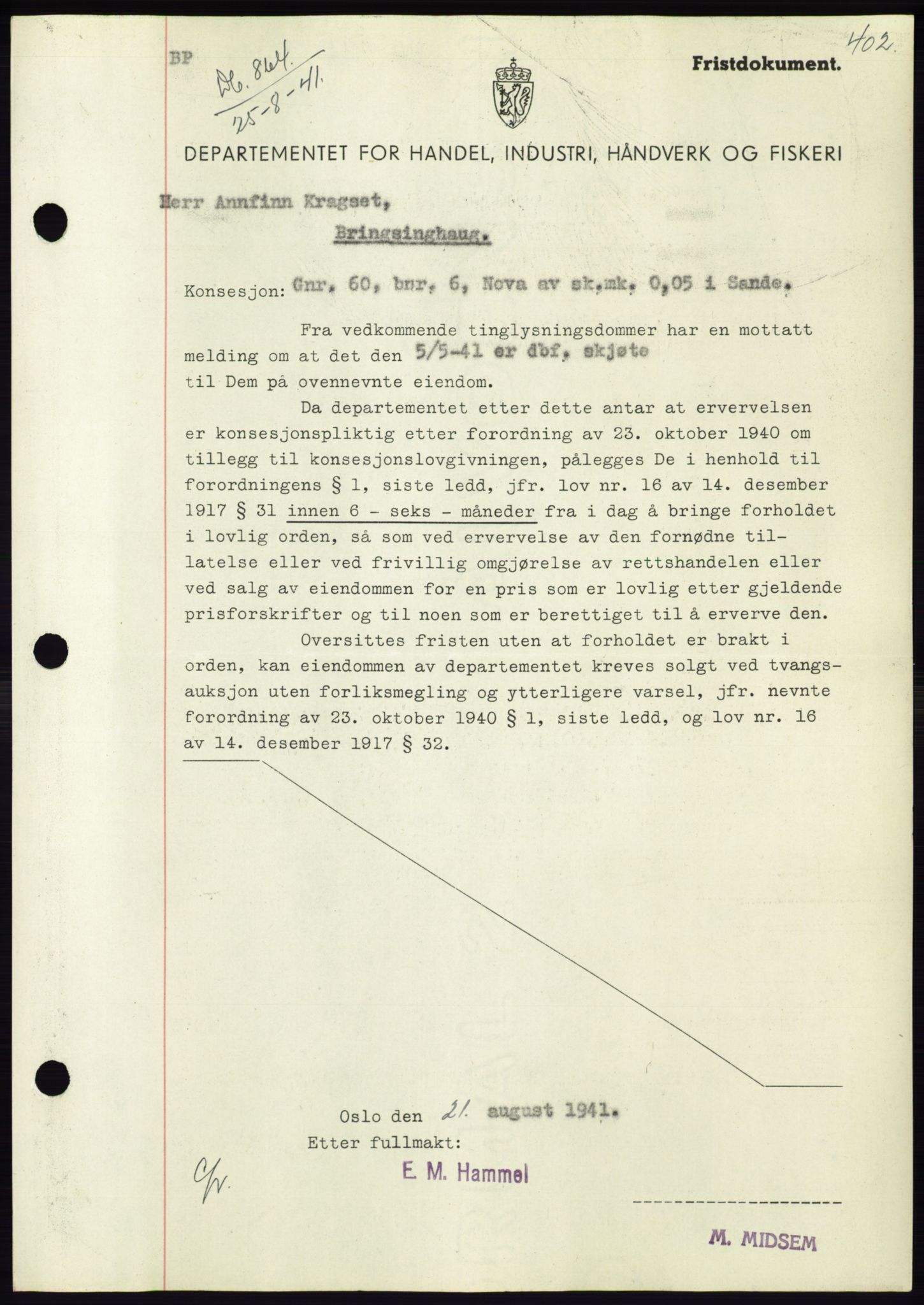 Søre Sunnmøre sorenskriveri, AV/SAT-A-4122/1/2/2C/L0071: Mortgage book no. 65, 1941-1941, Diary no: : 864/1941