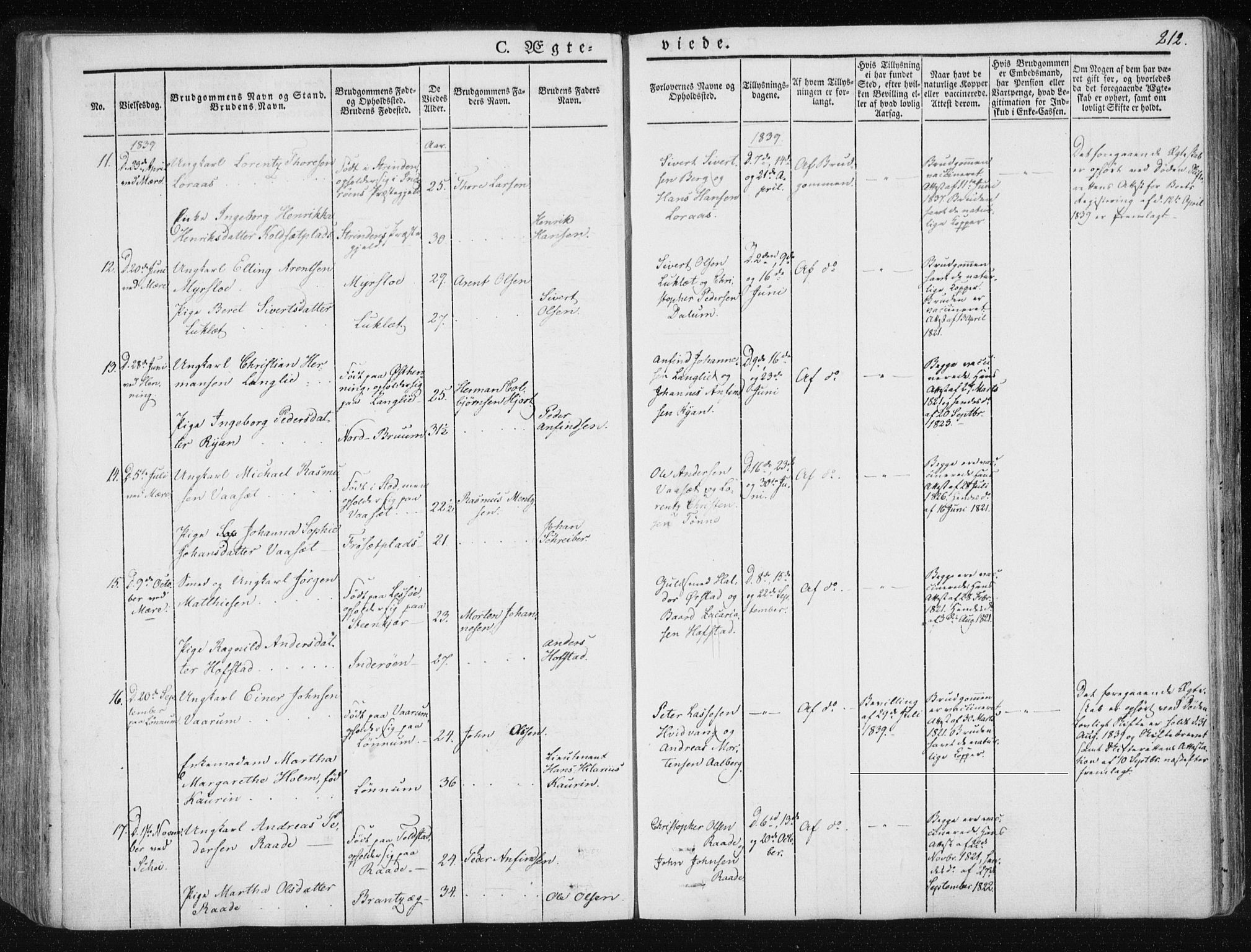 Ministerialprotokoller, klokkerbøker og fødselsregistre - Nord-Trøndelag, AV/SAT-A-1458/735/L0339: Parish register (official) no. 735A06 /1, 1836-1848, p. 212