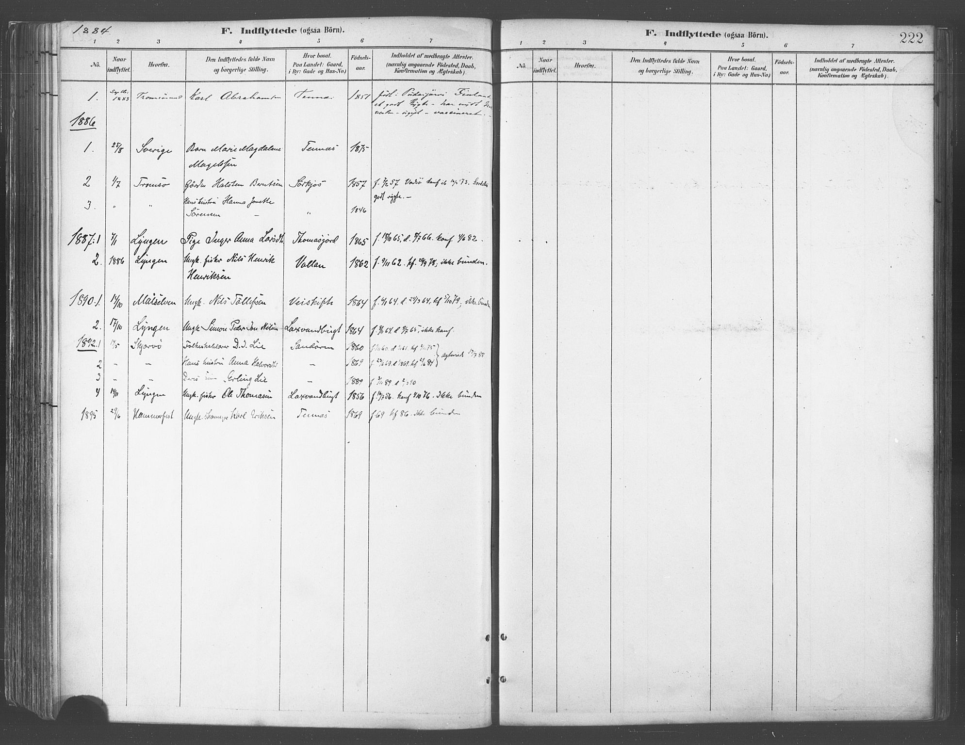 Balsfjord sokneprestembete, SATØ/S-1303/G/Ga/L0005kirke: Parish register (official) no. 5, 1884-1897, p. 222