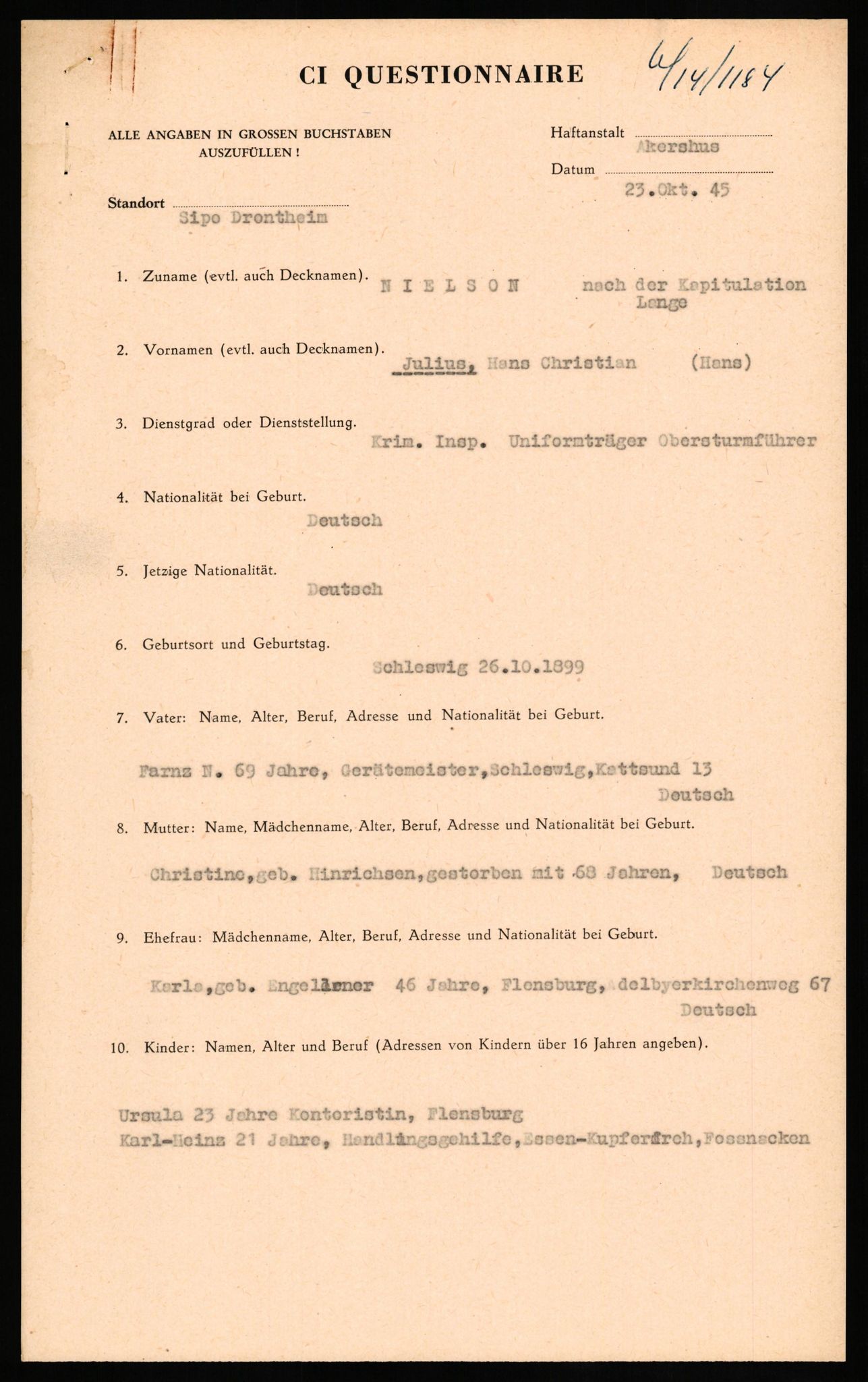 Forsvaret, Forsvarets overkommando II, AV/RA-RAFA-3915/D/Db/L0024: CI Questionaires. Tyske okkupasjonsstyrker i Norge. Tyskere., 1945-1946, p. 149