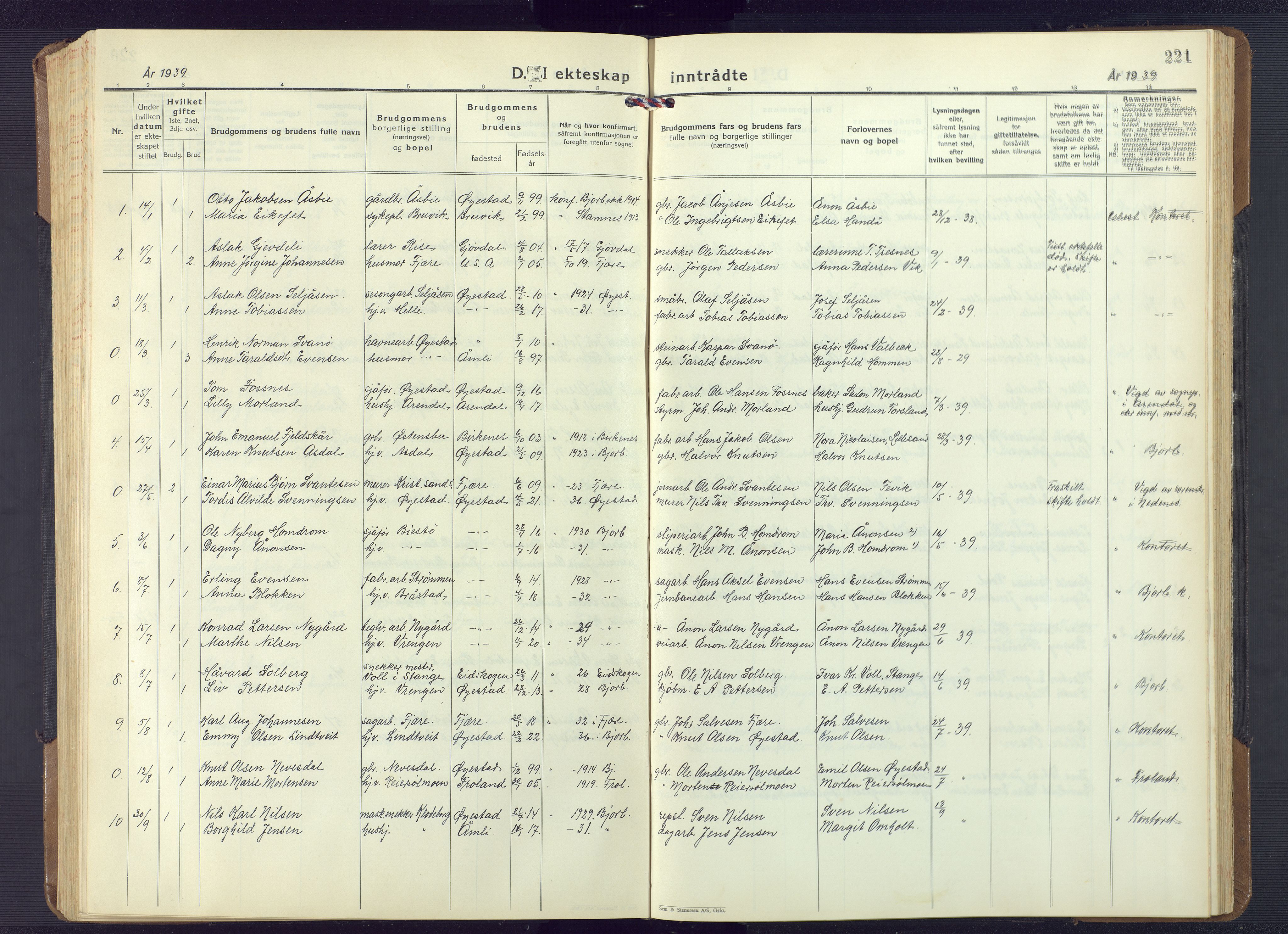 Øyestad sokneprestkontor, AV/SAK-1111-0049/F/Fb/L0013: Parish register (copy) no. B 13, 1933-1945, p. 221