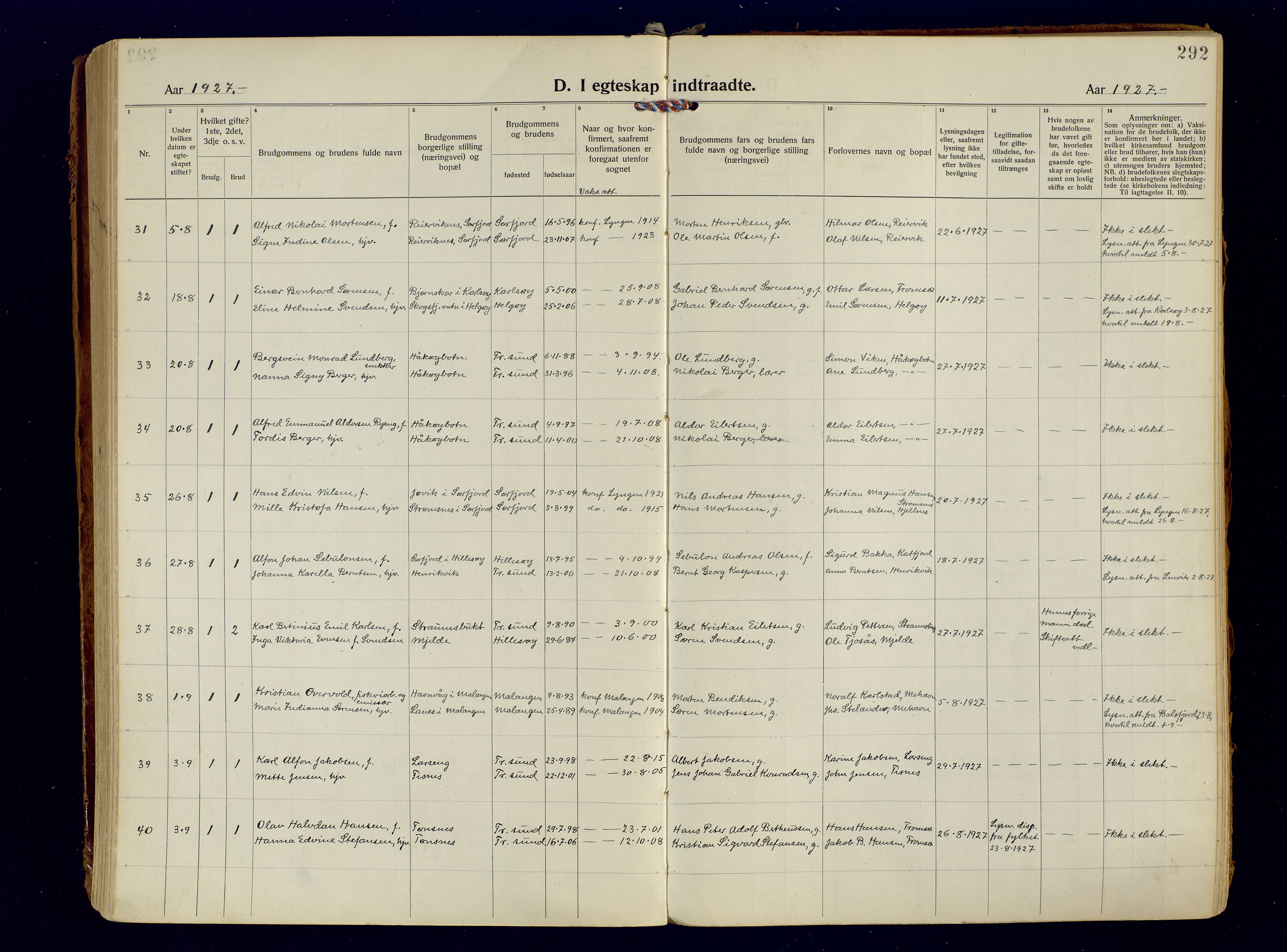 Tromsøysund sokneprestkontor, AV/SATØ-S-1304/G/Ga/L0009kirke: Parish register (official) no. 9, 1922-1934, p. 292