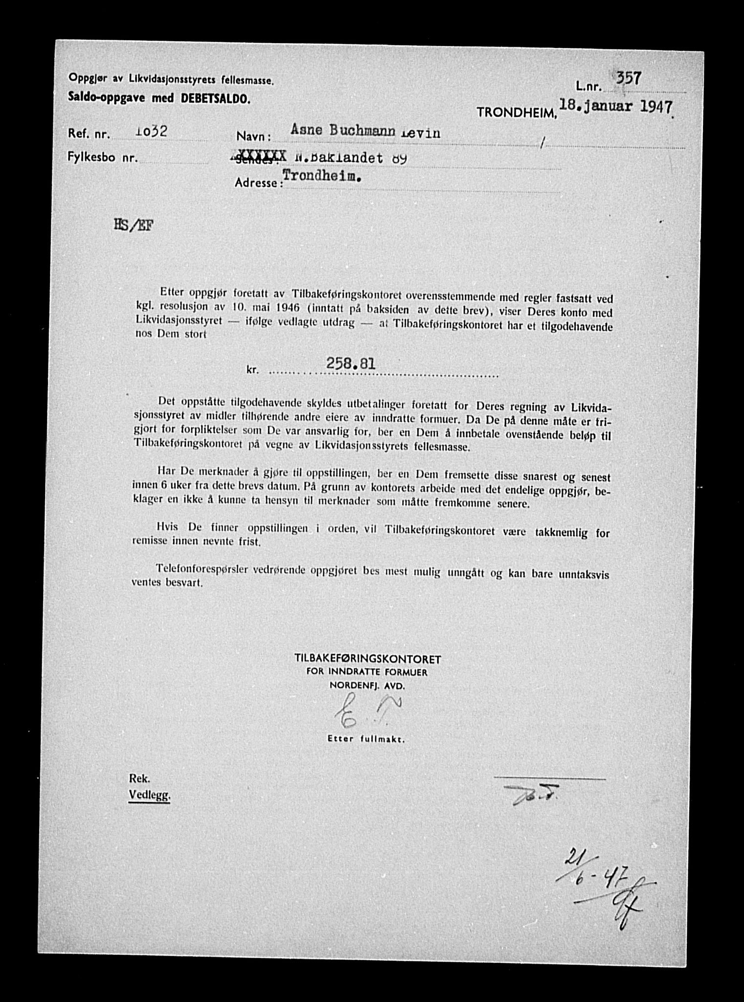 Justisdepartementet, Tilbakeføringskontoret for inndratte formuer, RA/S-1564/H/Hc/Hca/L0893: --, 1945-1947, p. 337