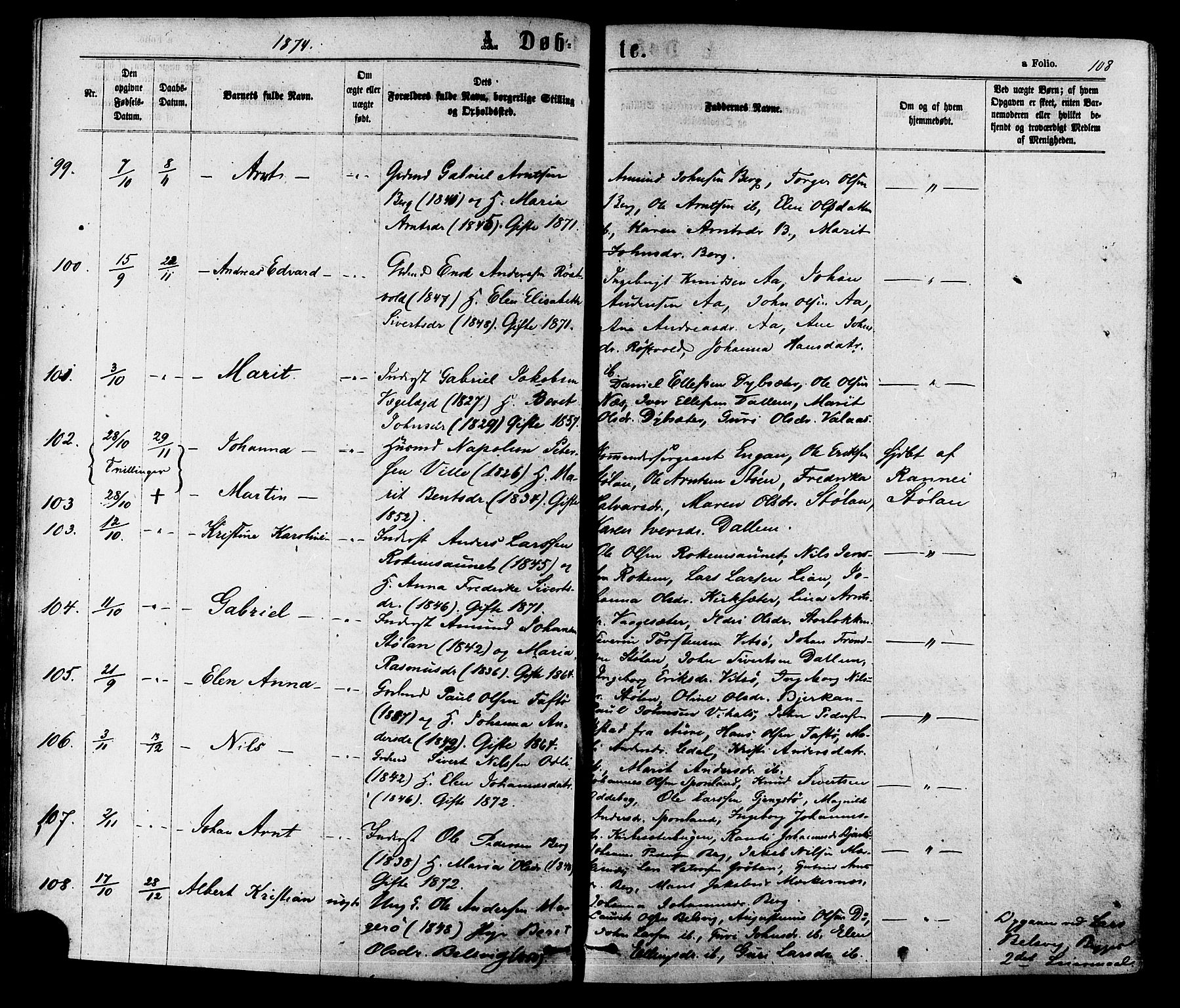 Ministerialprotokoller, klokkerbøker og fødselsregistre - Sør-Trøndelag, AV/SAT-A-1456/630/L0495: Parish register (official) no. 630A08, 1868-1878, p. 108