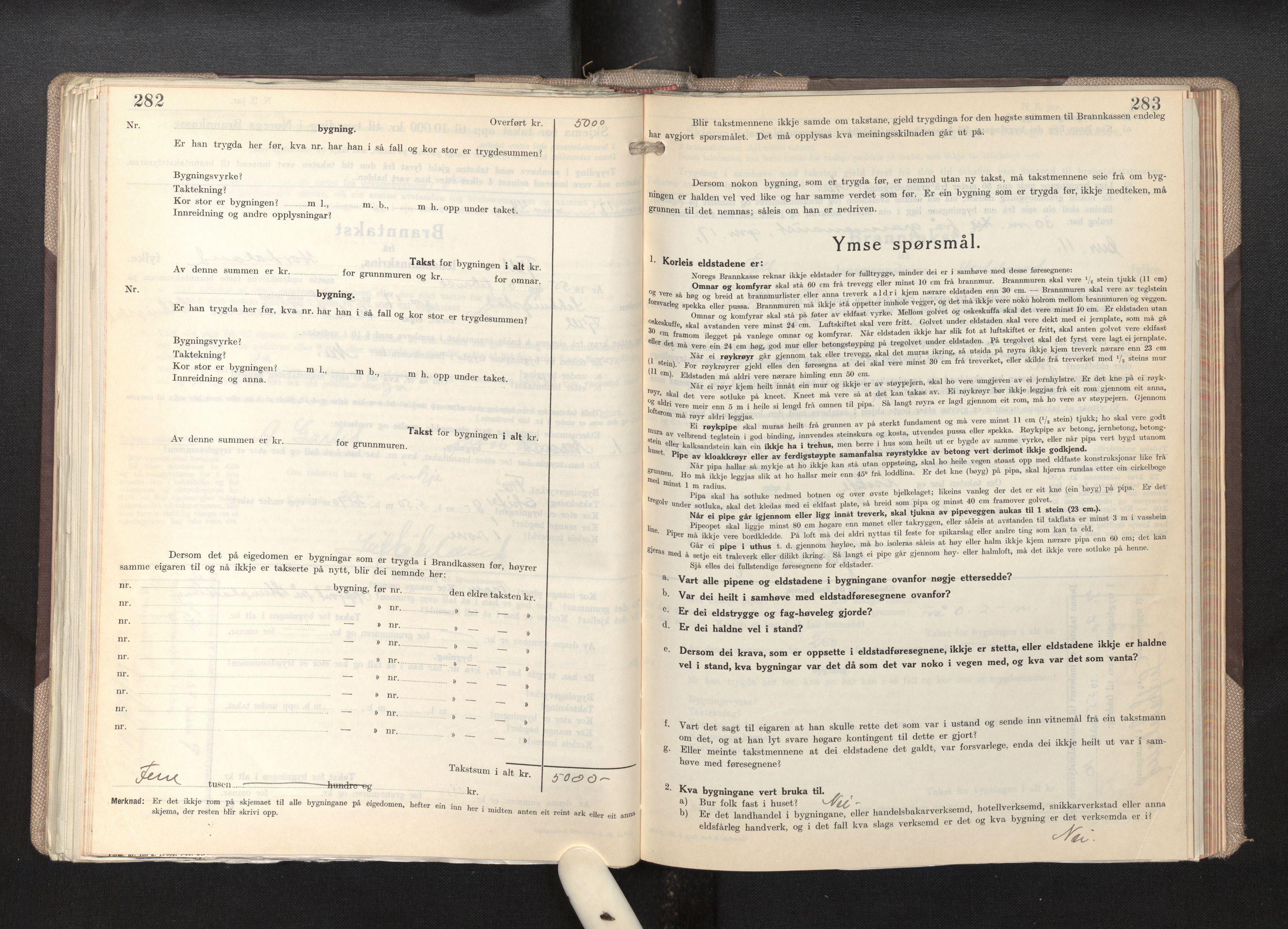 Lensmannen i Fjell, AV/SAB-A-32301/0012/L0007: Branntakstprotokoll, skjematakst, 1946-1955, p. 282-283