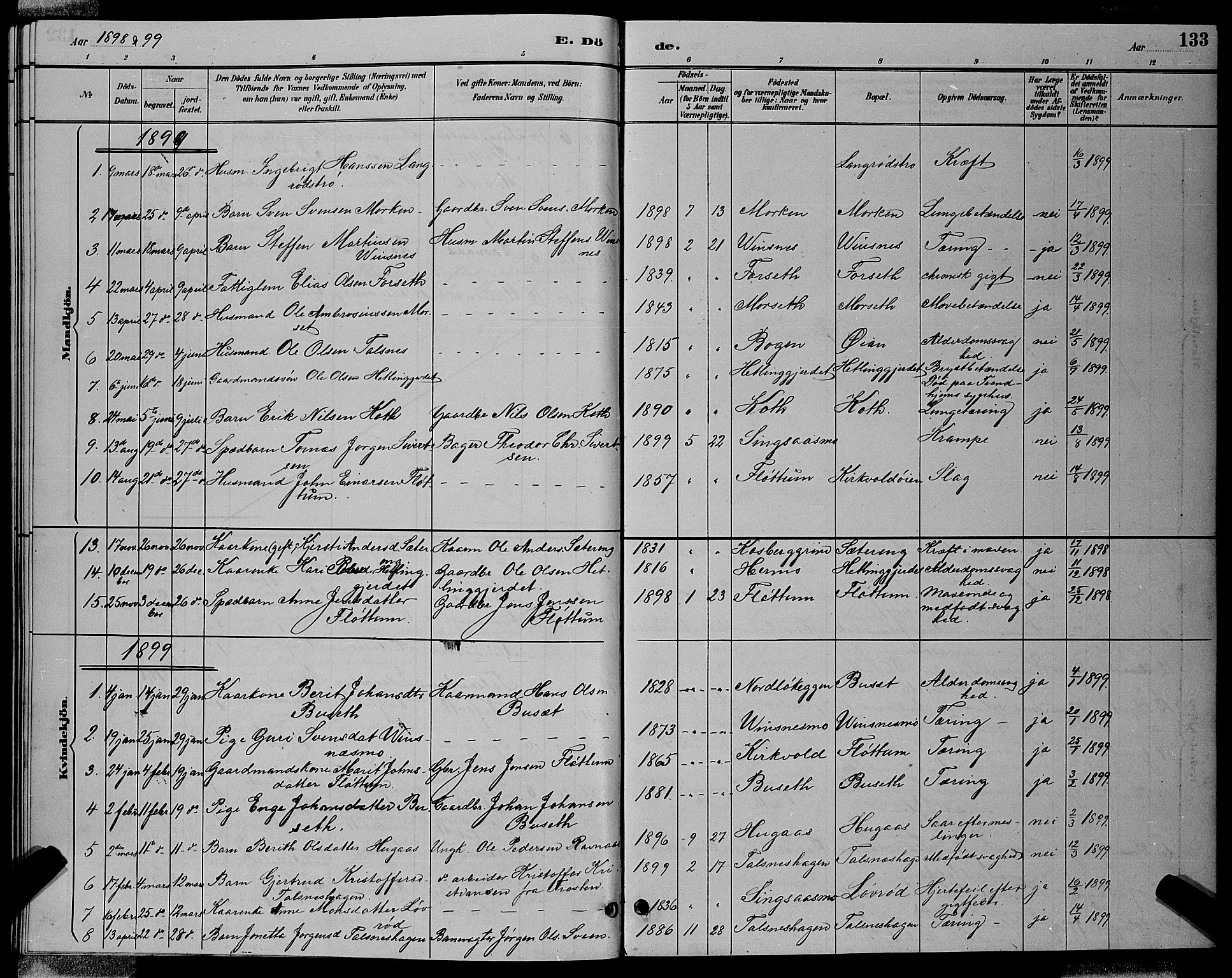 Ministerialprotokoller, klokkerbøker og fødselsregistre - Sør-Trøndelag, SAT/A-1456/688/L1028: Parish register (copy) no. 688C03, 1889-1899, p. 133