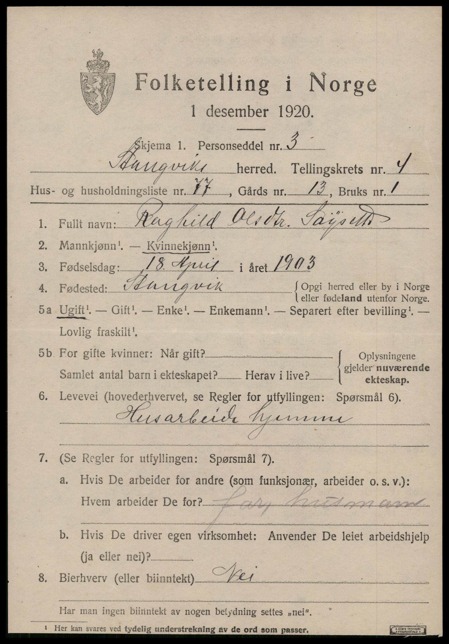 SAT, 1920 census for Stangvik, 1920, p. 3286