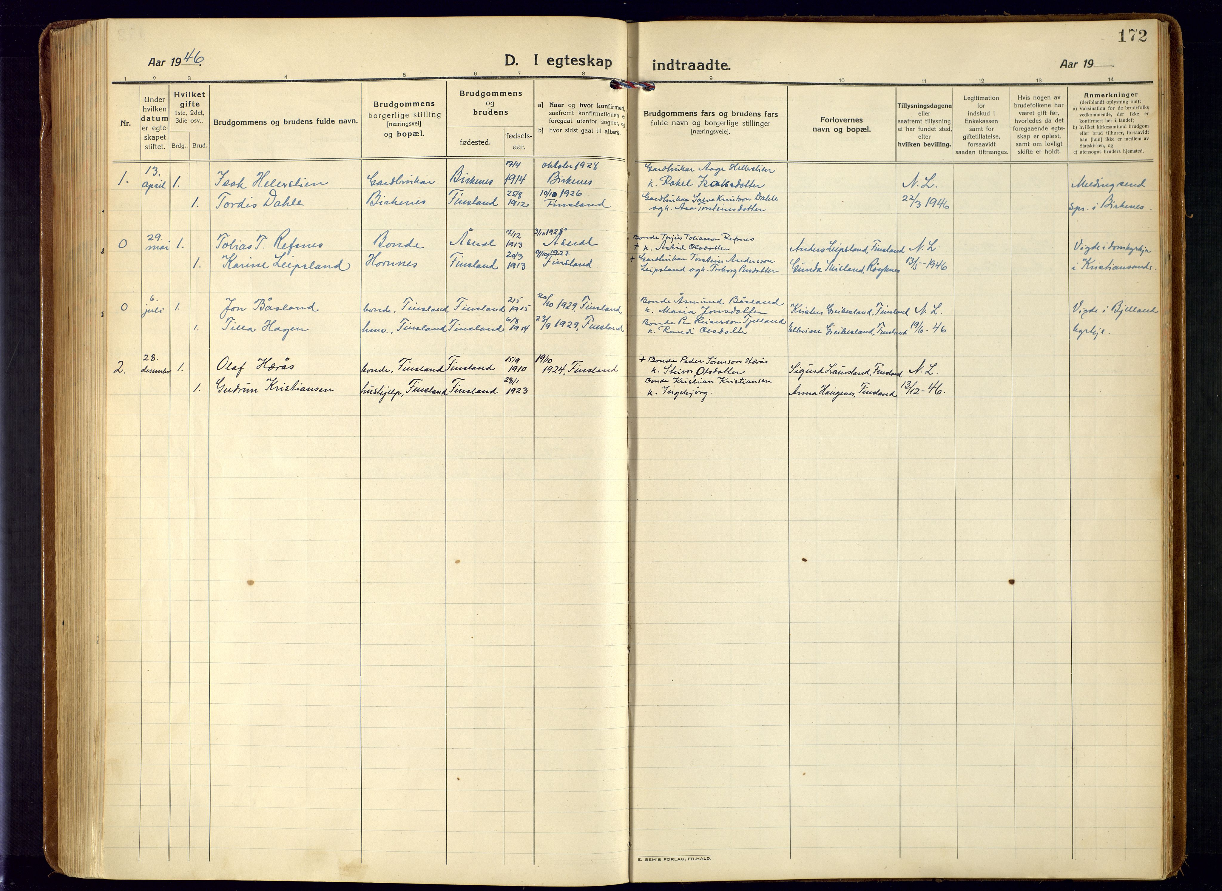 Bjelland sokneprestkontor, SAK/1111-0005/F/Fa/Fab/L0005: Parish register (official) no. A 5, 1921-1951, p. 172