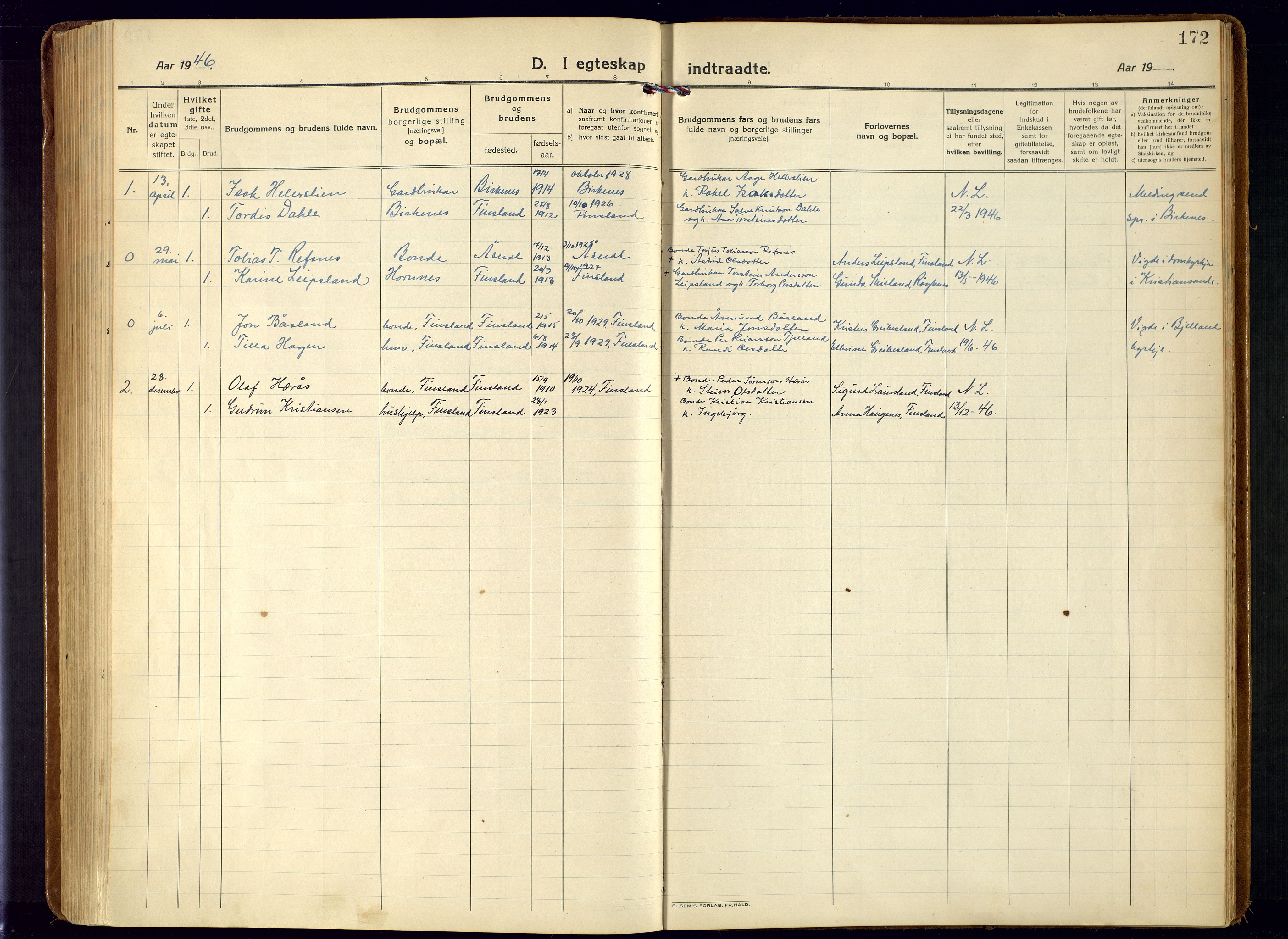 Bjelland sokneprestkontor, AV/SAK-1111-0005/F/Fa/Fab/L0005: Parish register (official) no. A 5, 1921-1951, p. 172