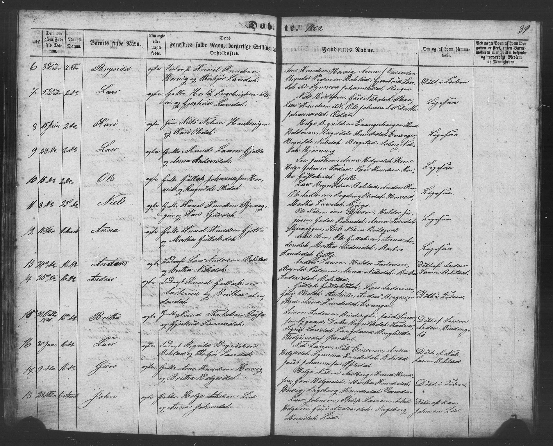 Evanger sokneprestembete, SAB/A-99924: Parish register (copy) no. A 1, 1855-1864, p. 39