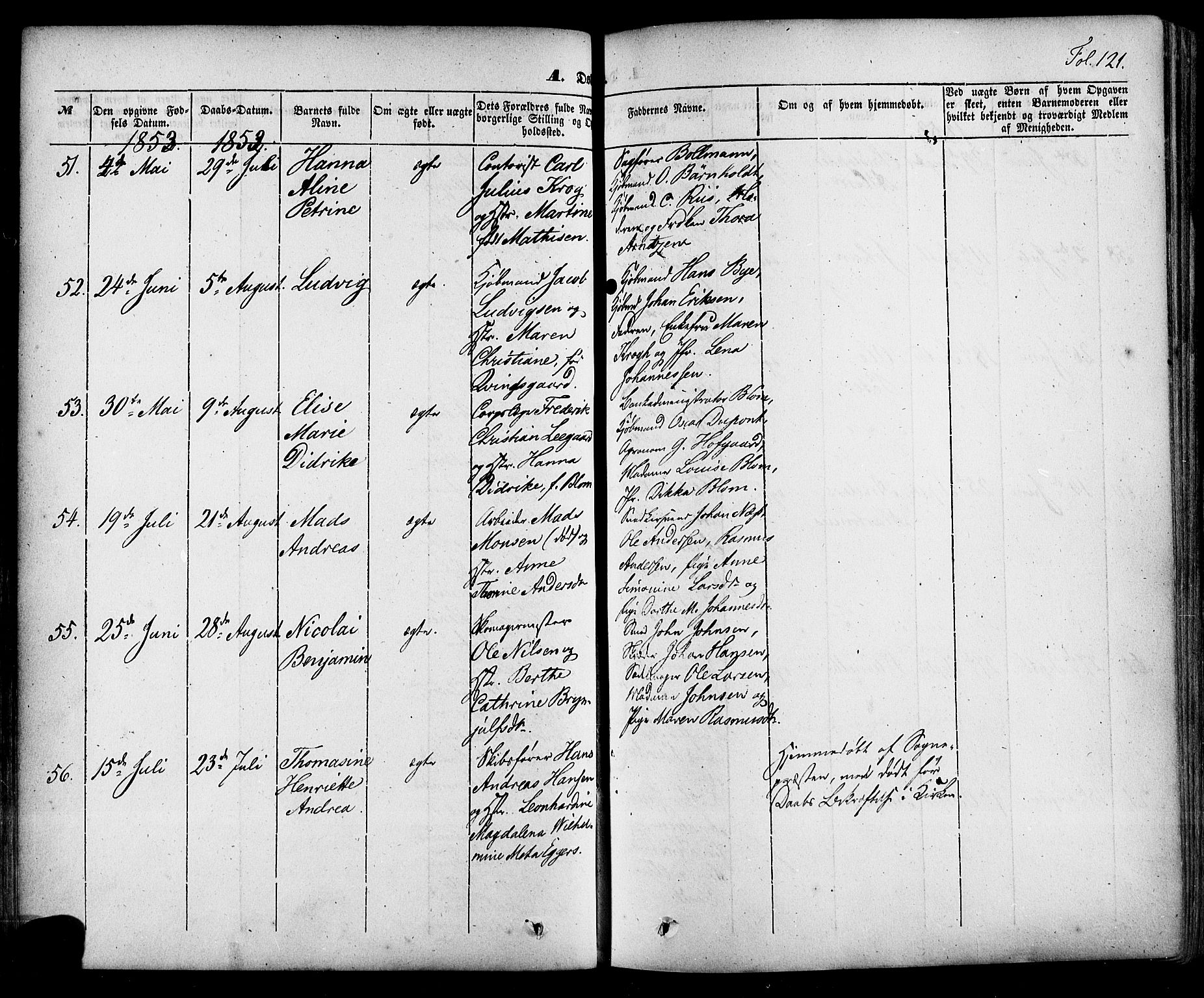 Skien kirkebøker, AV/SAKO-A-302/F/Fa/L0006a: Parish register (official) no. 6A, 1843-1856, p. 121